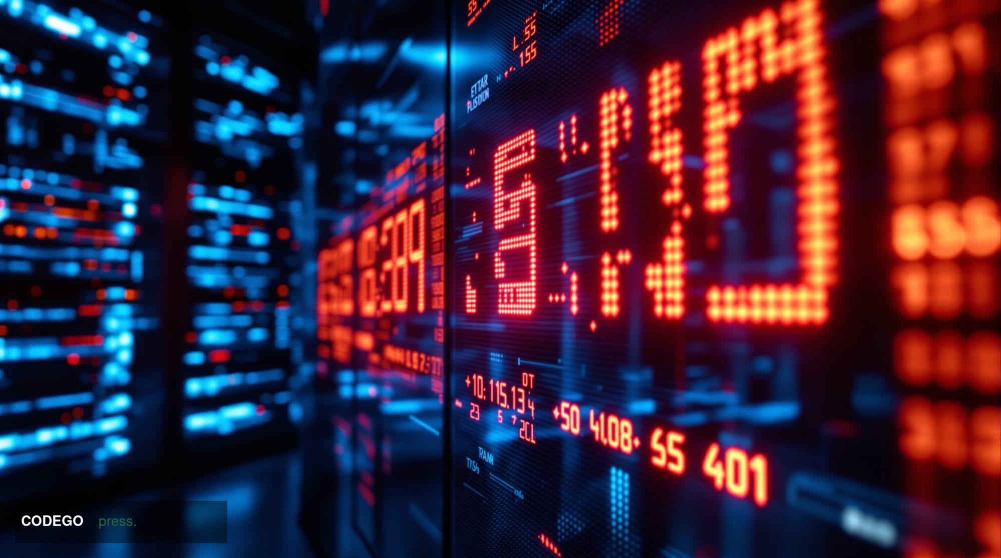 A dramatic photorealistic editorial photograph showing a darkened computer server room or data center with rows of servers, s