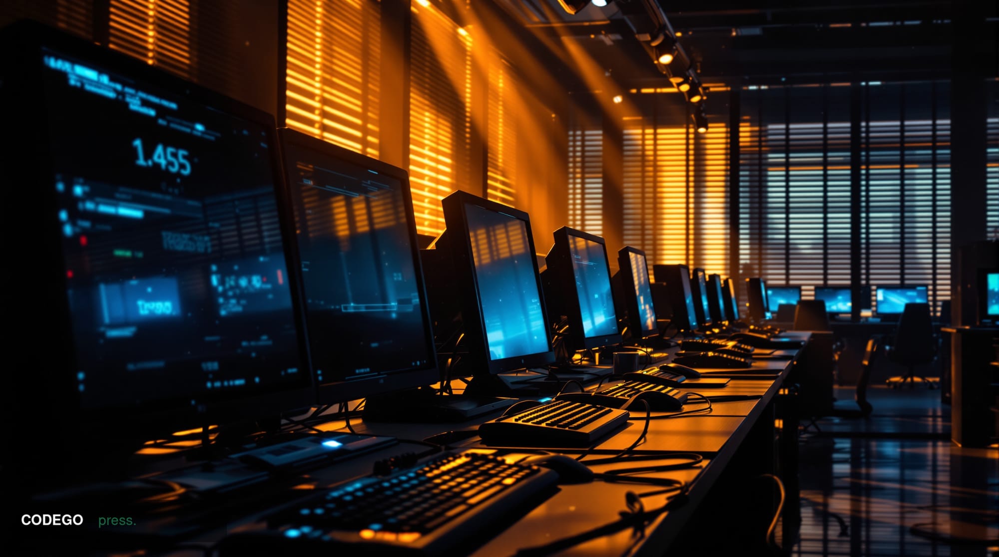 A cinematic editorial photograph showing a dramatically lit abandoned modern tech office or data center, with empty workstati