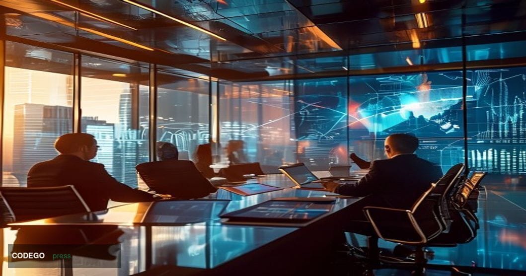 Cinematic editorial photograph of a modern corporate boardroom where senior executives are reviewing digital payment interfac