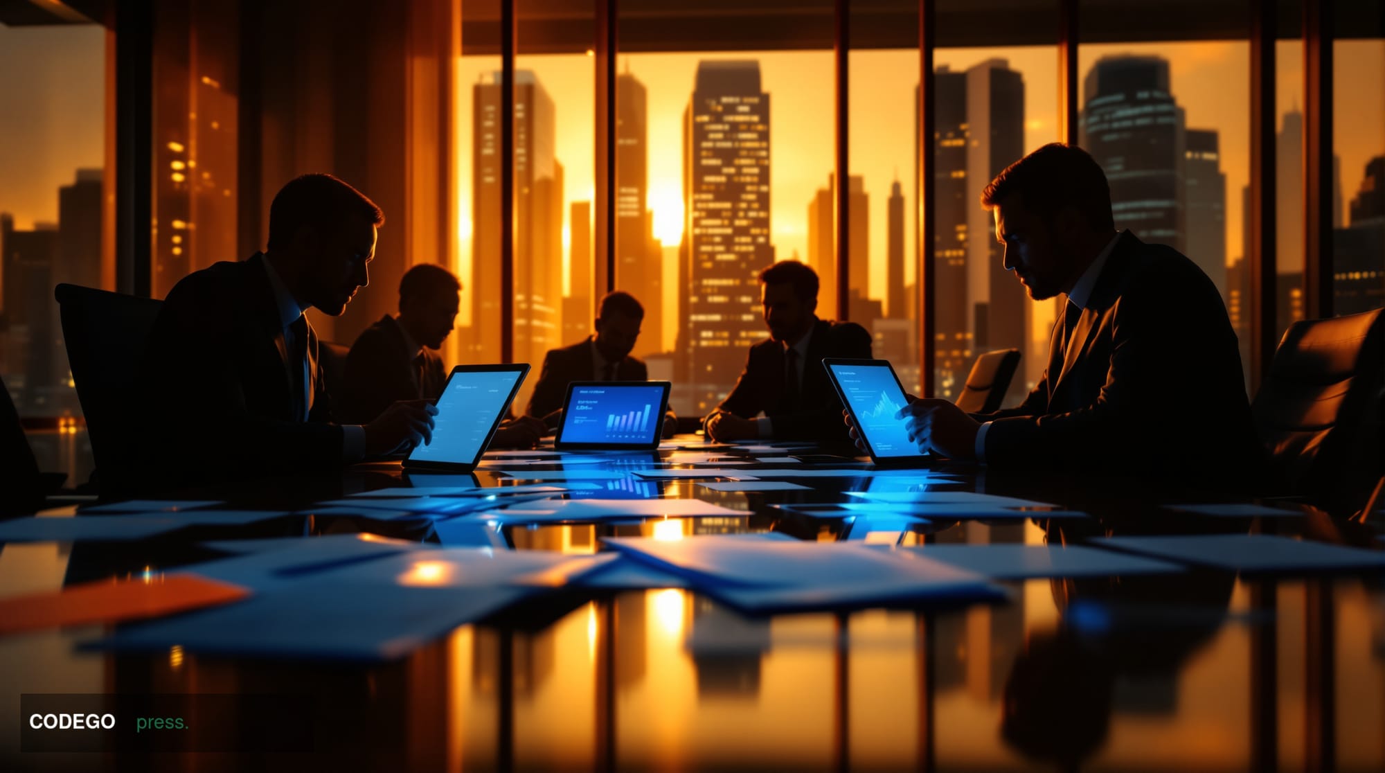A dramatic corporate boardroom scene photographed from a low angle, showing silhouetted business executives in suits seated a