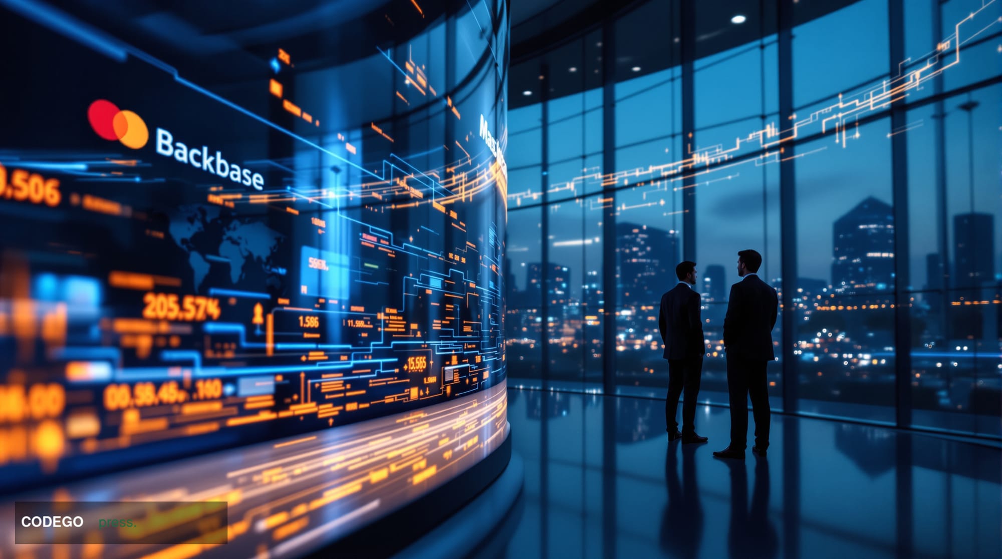A cinematic editorial photograph showcasing the intersection of digital banking infrastructure and global payments networks. 