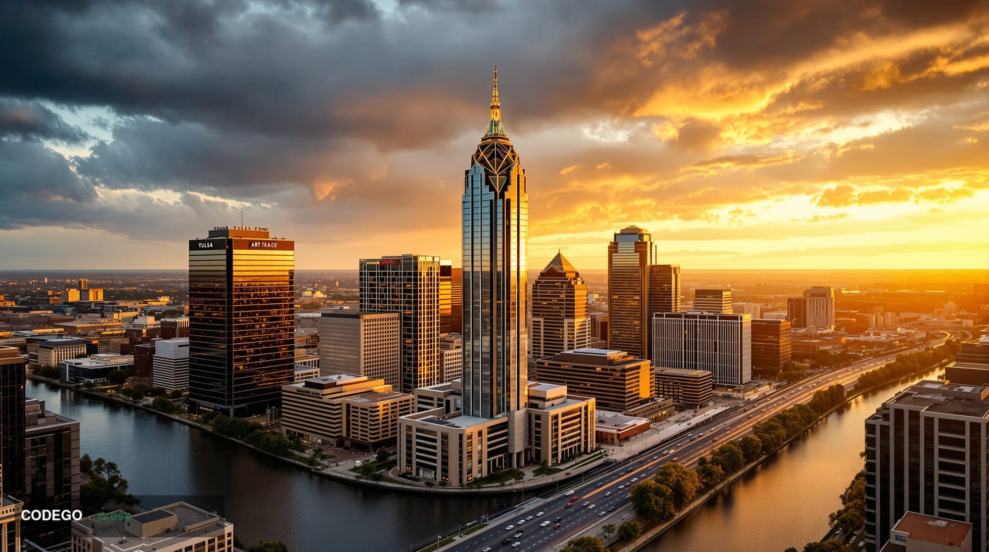 A cinematic aerial photograph of downtown Tulsa, Oklahoma's distinctive Art Deco skyline at golden hour, with the Arkansas Ri