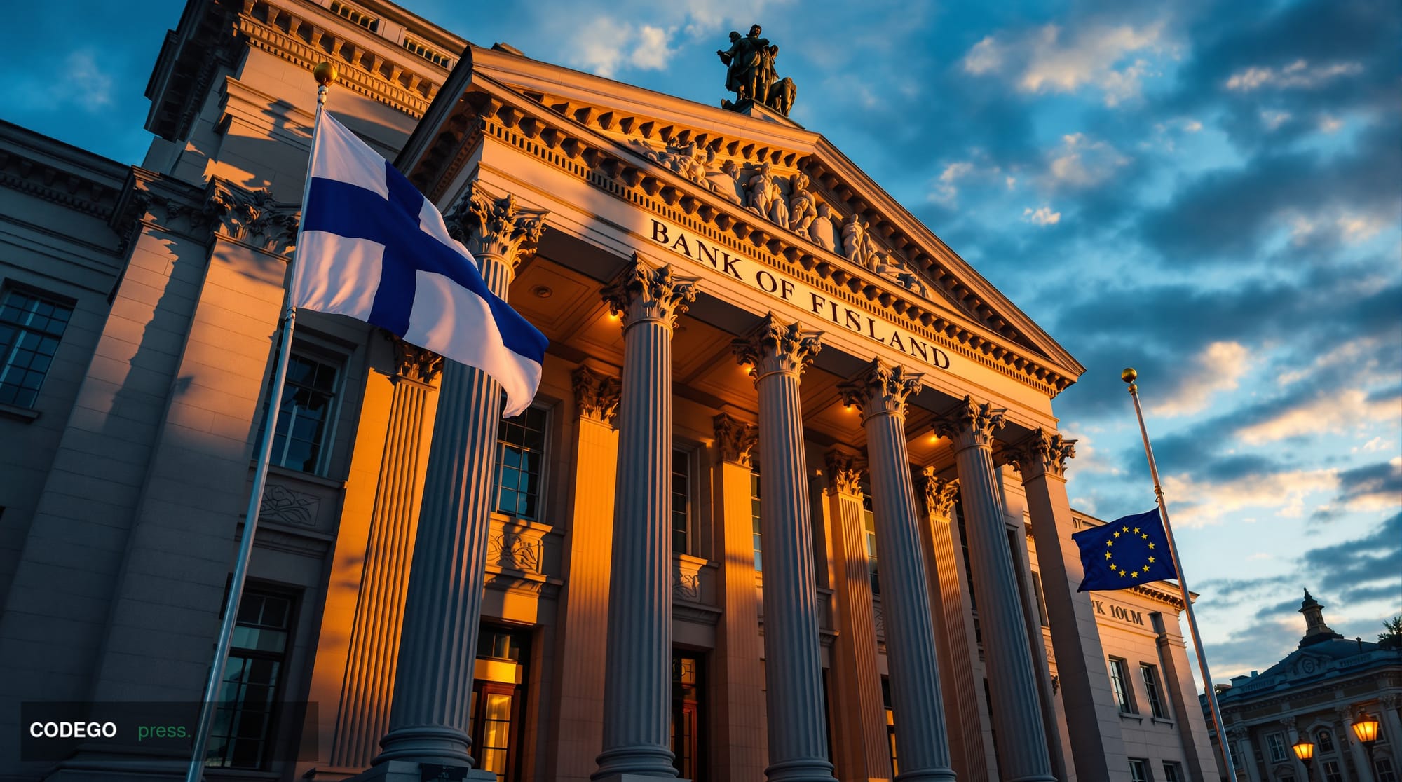 A cinematic editorial photograph capturing the neoclassical facade of the Bank of Finland headquarters in Helsinki, shot from