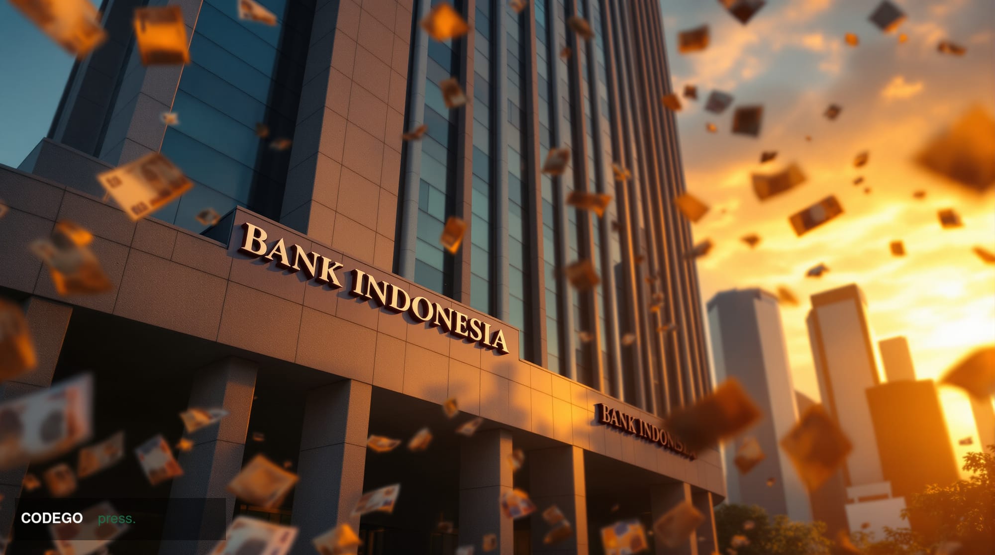 A dramatic photorealistic editorial photograph capturing Bank Indonesia's Jakarta headquarters at golden hour, with the impos