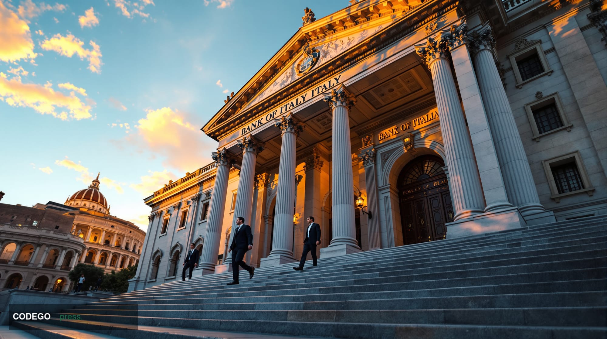 A cinematic editorial photograph of the Bank of Italy's imposing neoclassical headquarters building in Rome, captured during 