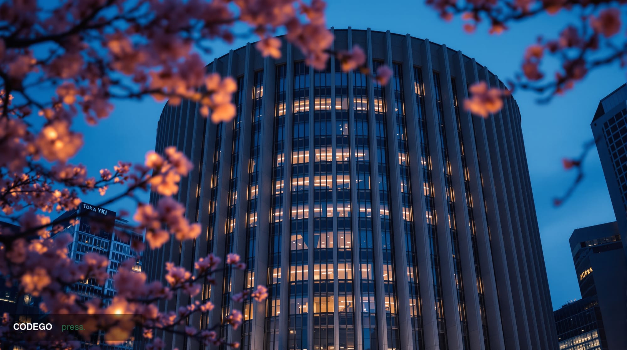 A cinematic editorial photograph of the Bank of Japan's imposing concrete headquarters building in Tokyo's Nihonbashi distric