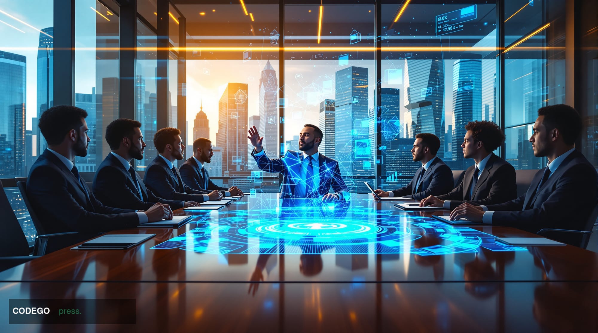 A striking corporate boardroom scene showing a diverse group of banking executives in expensive suits seated around a polishe