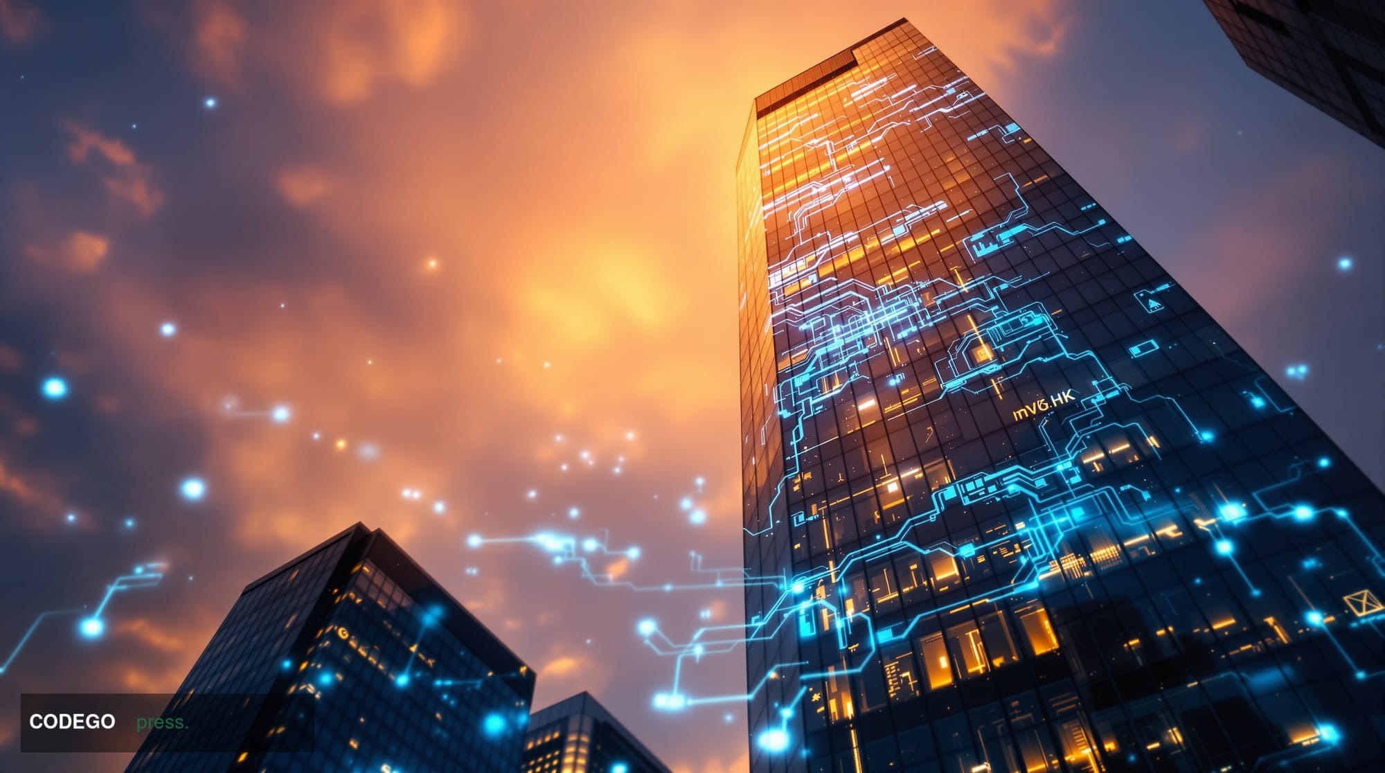 A cinematic editorial photograph capturing the intersection of artificial intelligence and traditional banking architecture. 