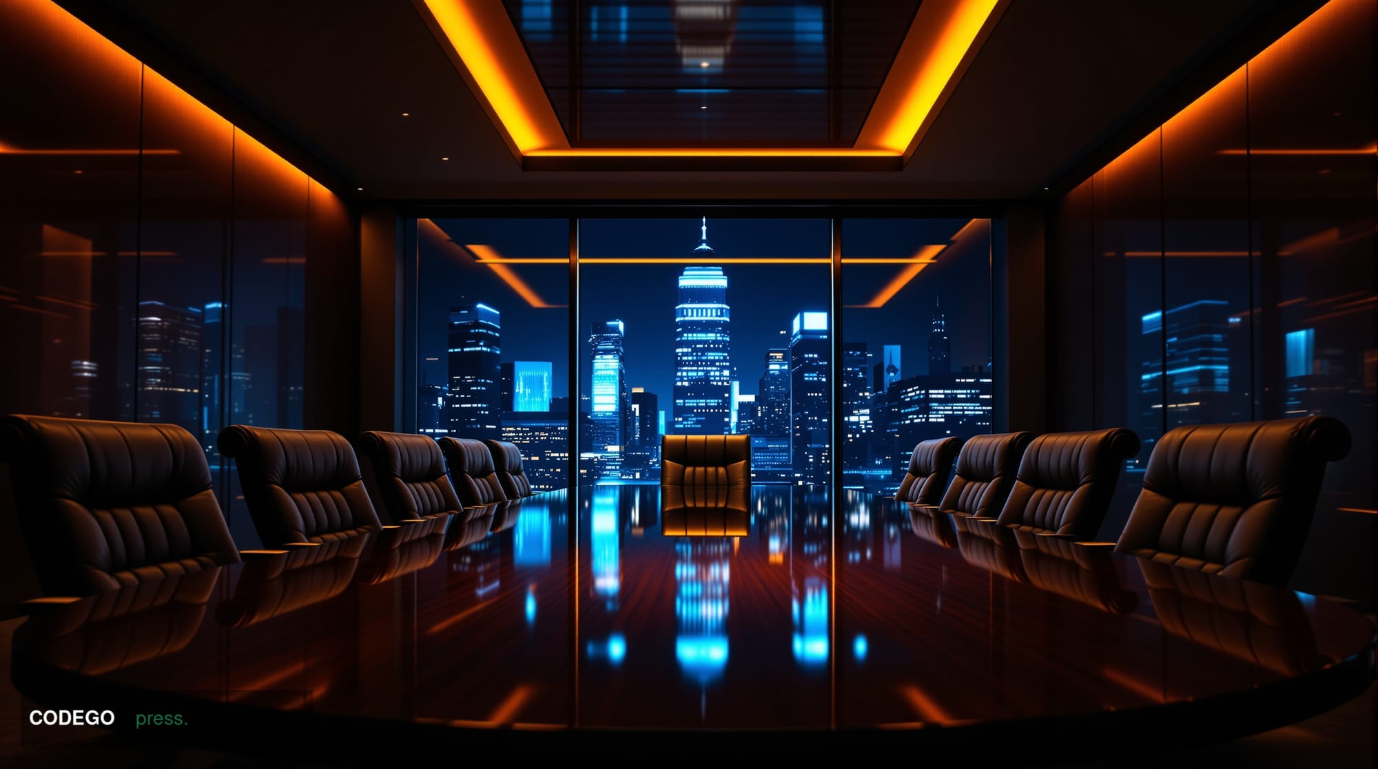 A cinematic editorial photograph showing a modern bank boardroom with dramatic chiaroscuro lighting, featuring an executive c