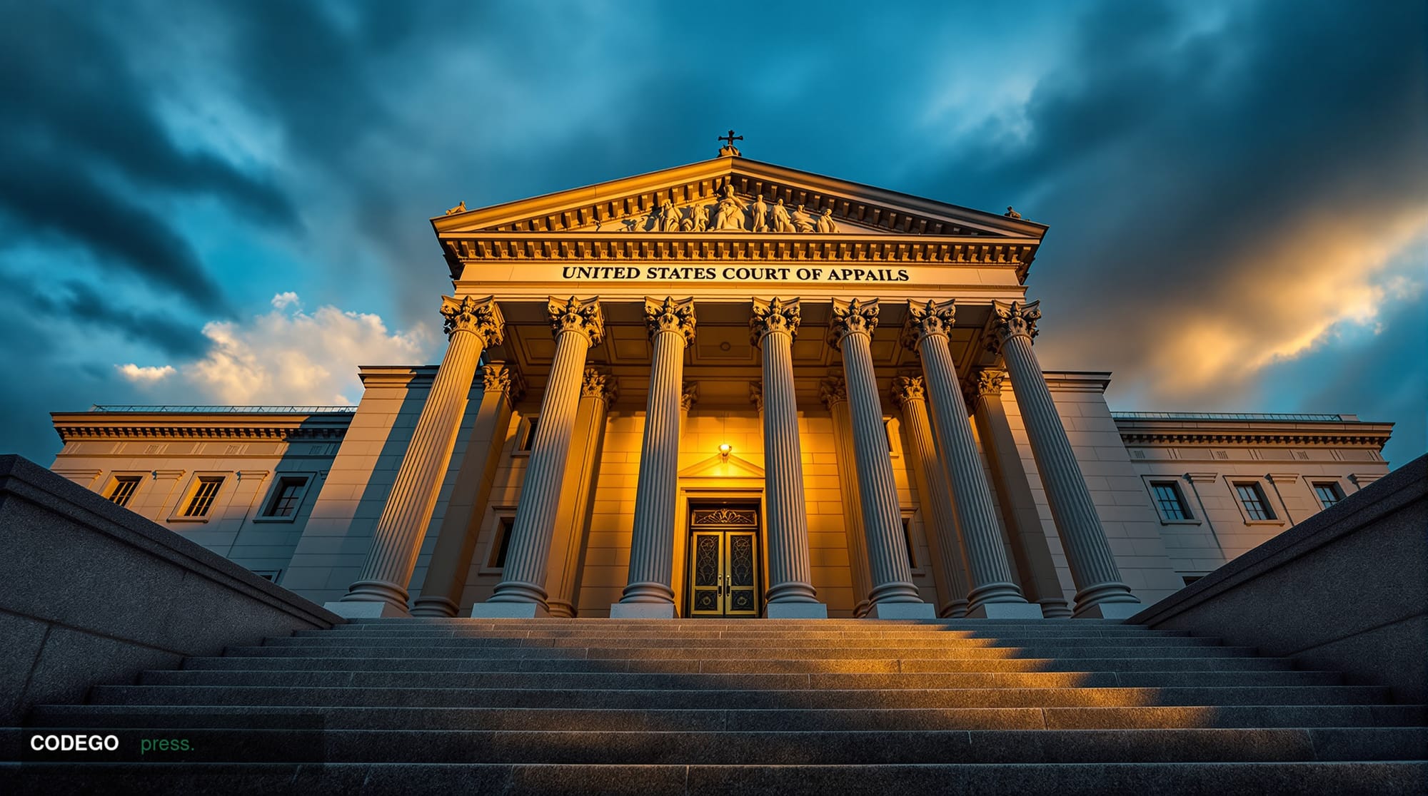 A cinematic editorial photograph showing the imposing neoclassical facade of the United States Court of Appeals building, sho