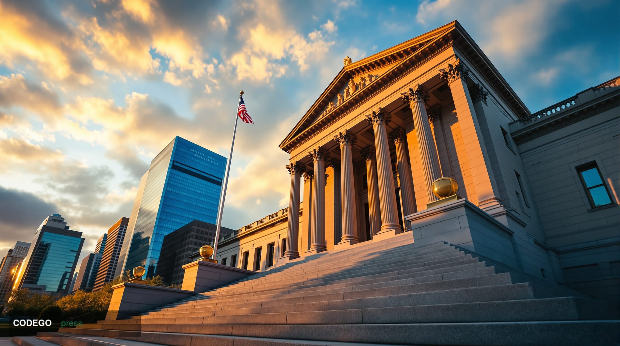 A dramatic courthouse exterior photograph capturing the imposing federal courthouse where Sam Bankman-Fried's appeal was deci