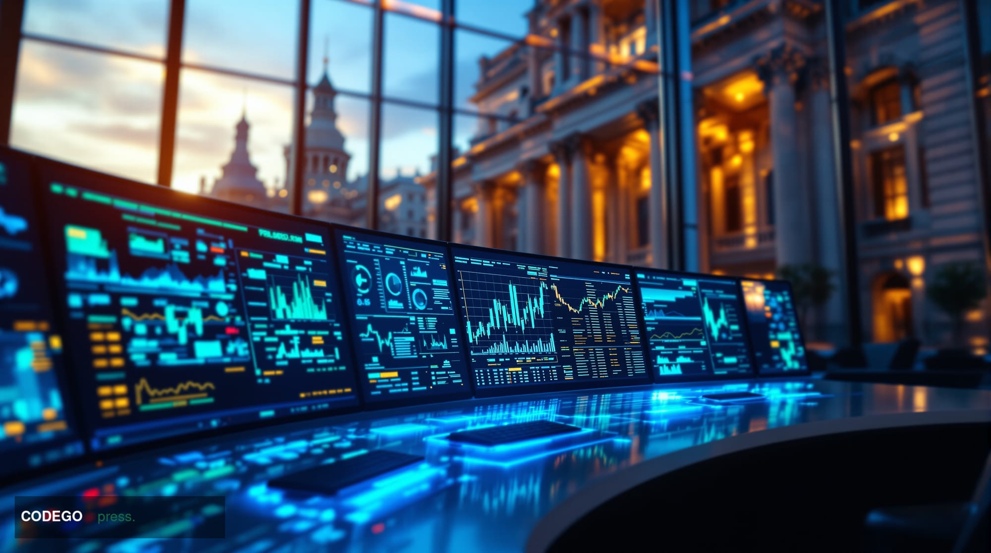 A cinematic editorial photograph showcasing the stark contrast between cutting-edge AI ambitions and archaic banking infrastr