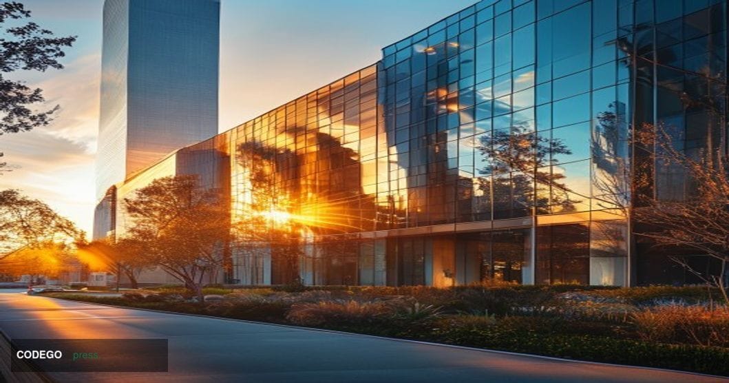 A cinematic editorial photograph showing the modern glass and steel exterior of a New Jersey community bank headquarters buil