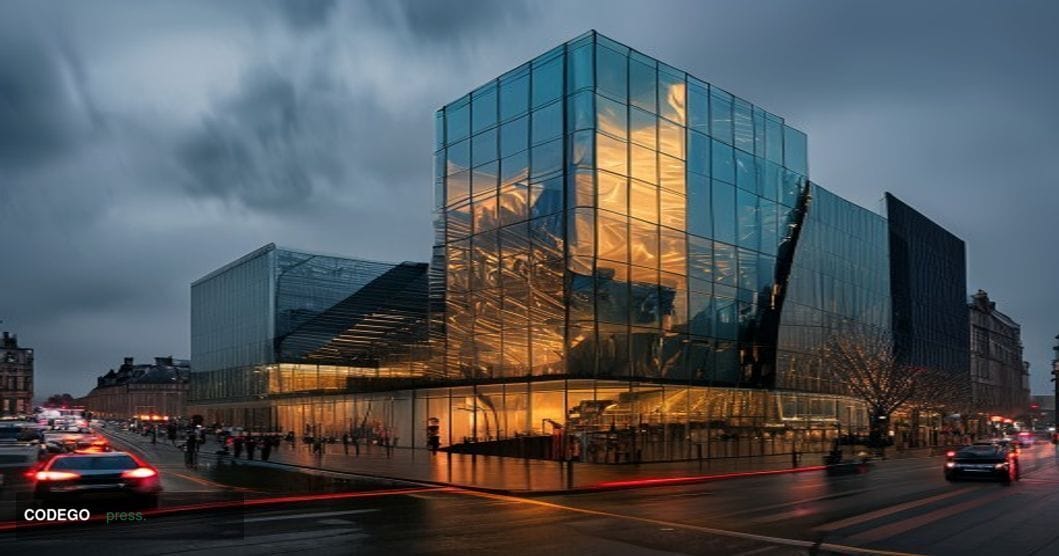 A dramatic photorealistic editorial photograph showing Wise's London headquarters building exterior during overcast weather, 