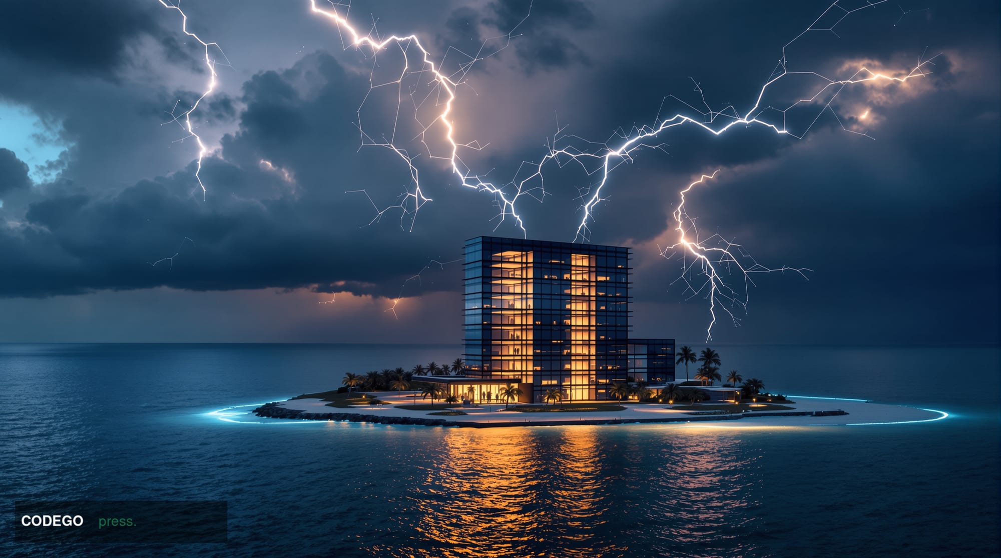 A dramatic editorial photograph showing a modern glass office building at night with glowing windows, representing offshore f