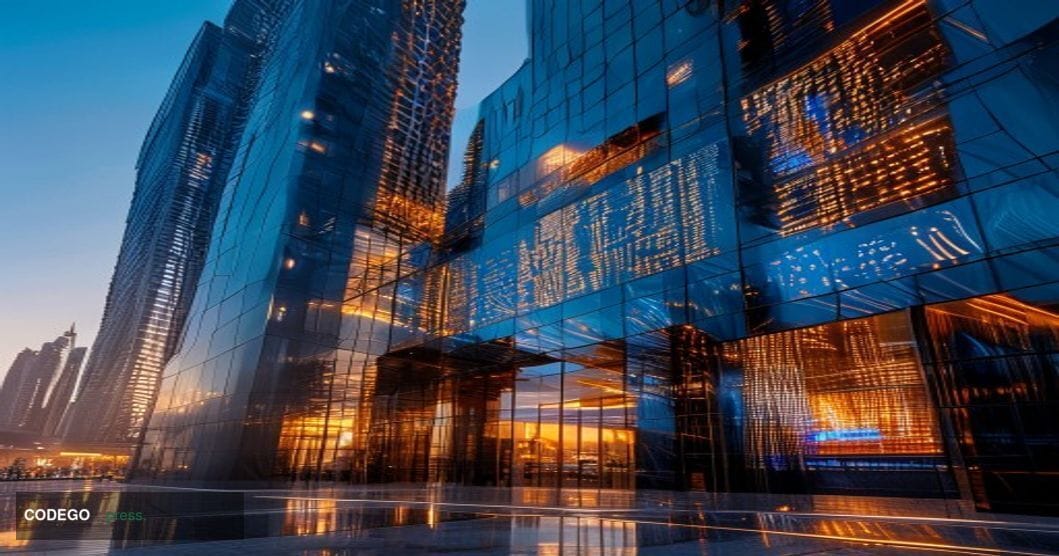 A cinematic editorial photograph of Binance's modern headquarters building in Dubai, shot from a low angle during golden hour