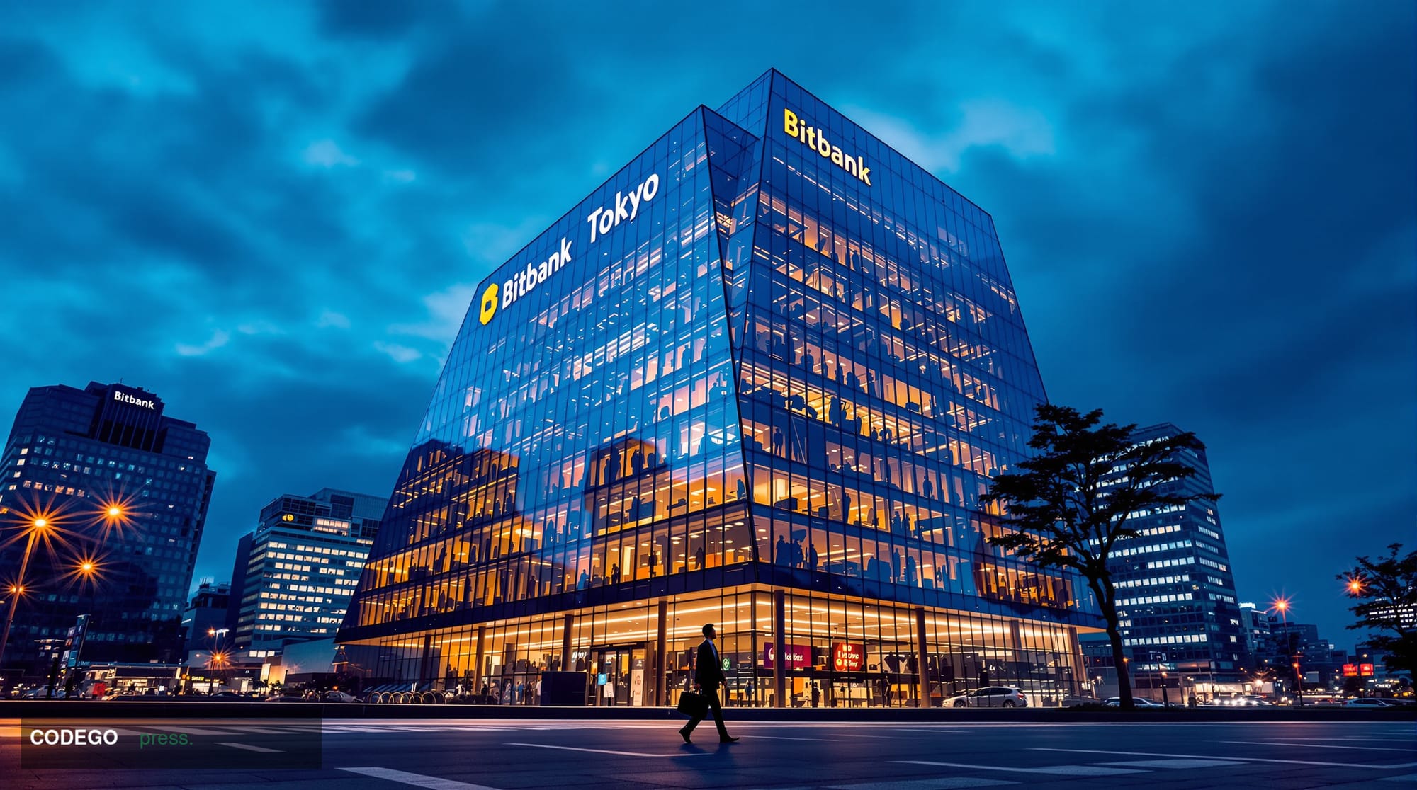 A cinematic editorial photograph showing the modern glass facade of Bitbank's Tokyo headquarters building with dramatic eveni
