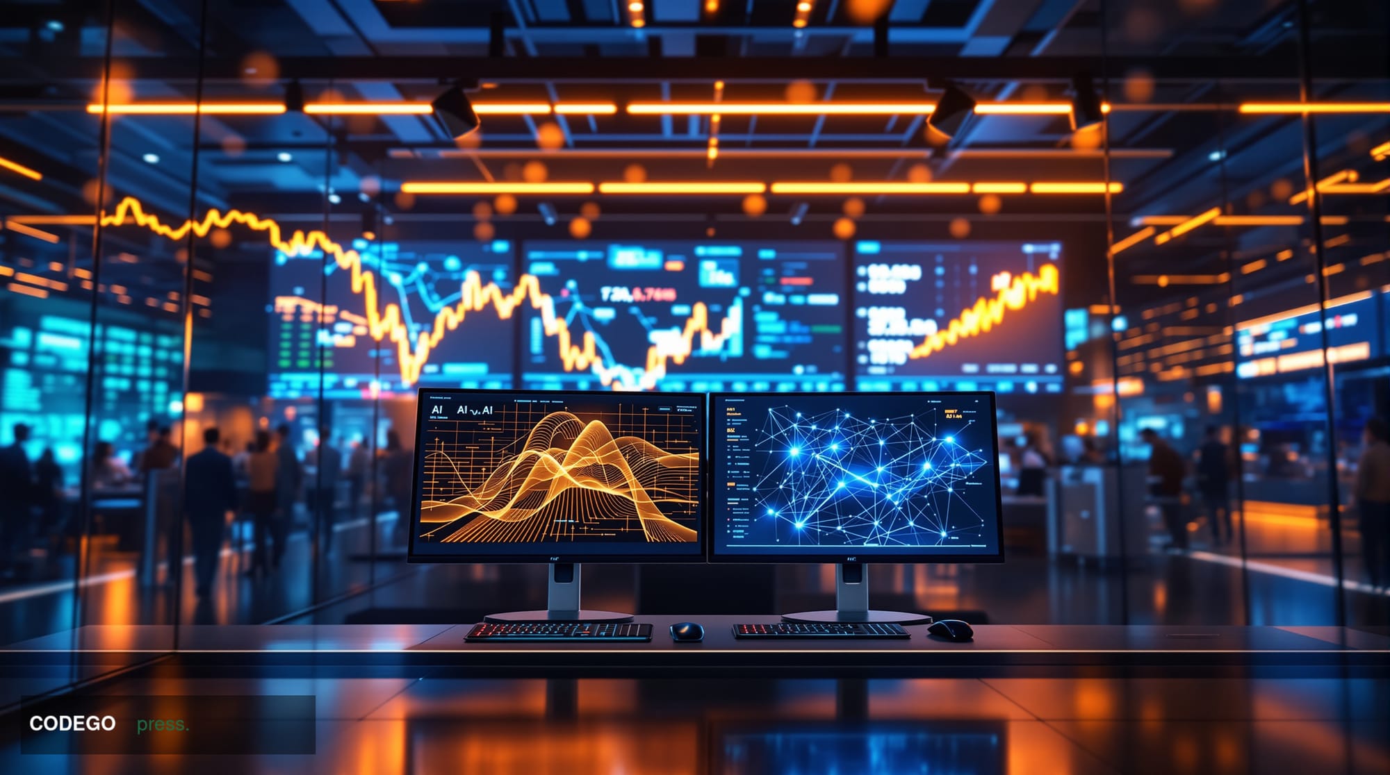 A cinematic editorial photograph showcasing the tension between traditional cryptocurrency and emerging AI investments. The s