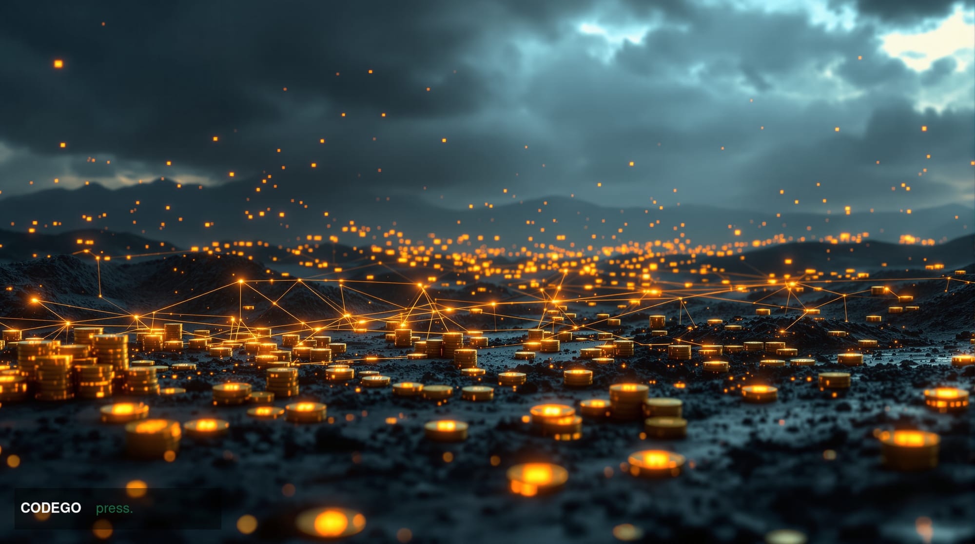 A dramatic cinematic photograph of the Bitcoin network visualization rendered as a vast digital landscape under stormy skies,