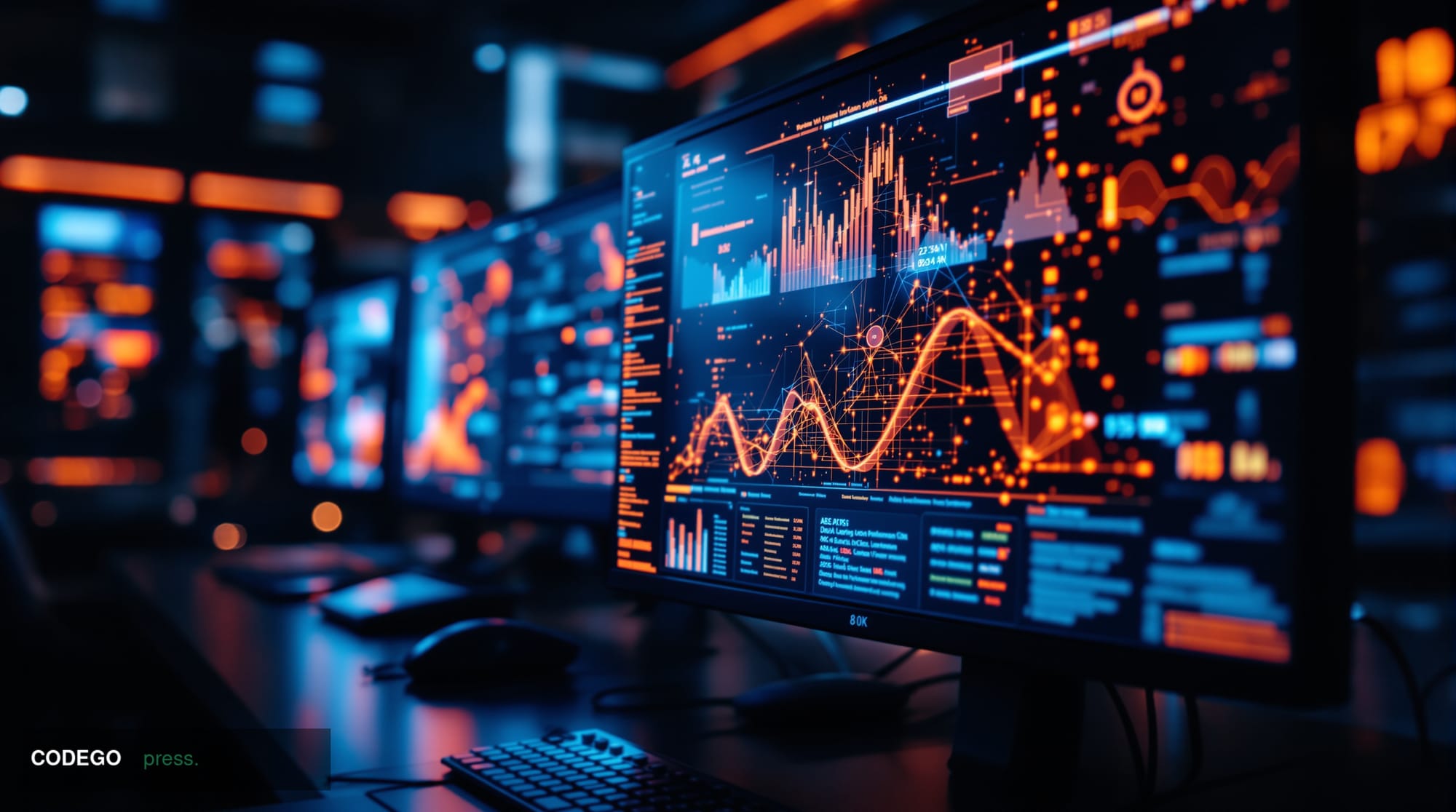 A dramatic photorealistic editorial photograph showing a close-up view of multiple computer screens displaying Bitcoin Core s