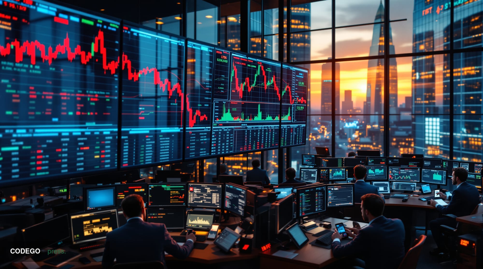 A dramatic financial trading floor photograph capturing the market rotation from Bitcoin to AI stocks. The scene shows multip