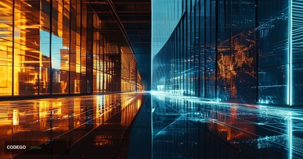 A photorealistic editorial photograph capturing the divergent paths of traditional finance and cryptocurrency markets. The sc