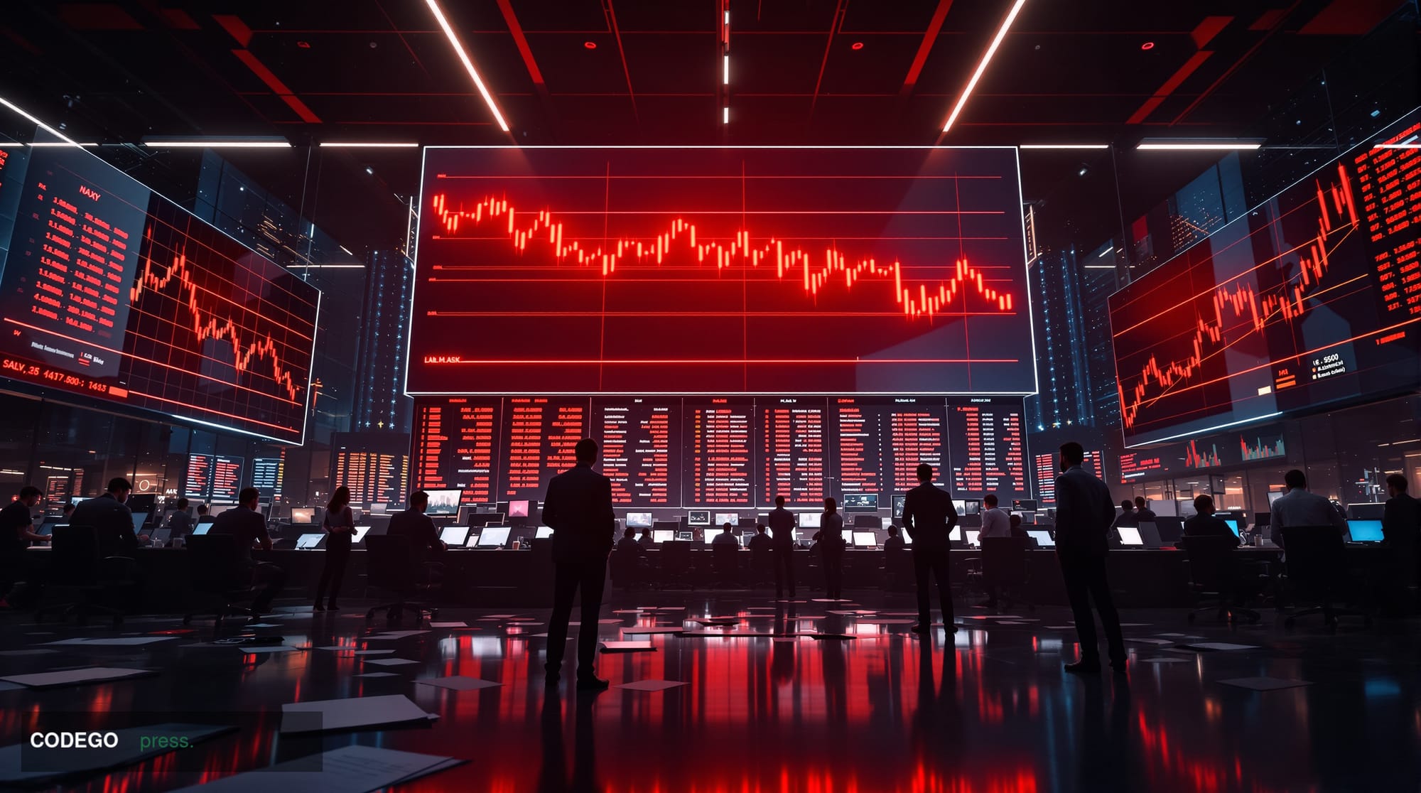 A dramatic editorial photograph showing a massive digital trading floor with multiple screens displaying Bitcoin price charts