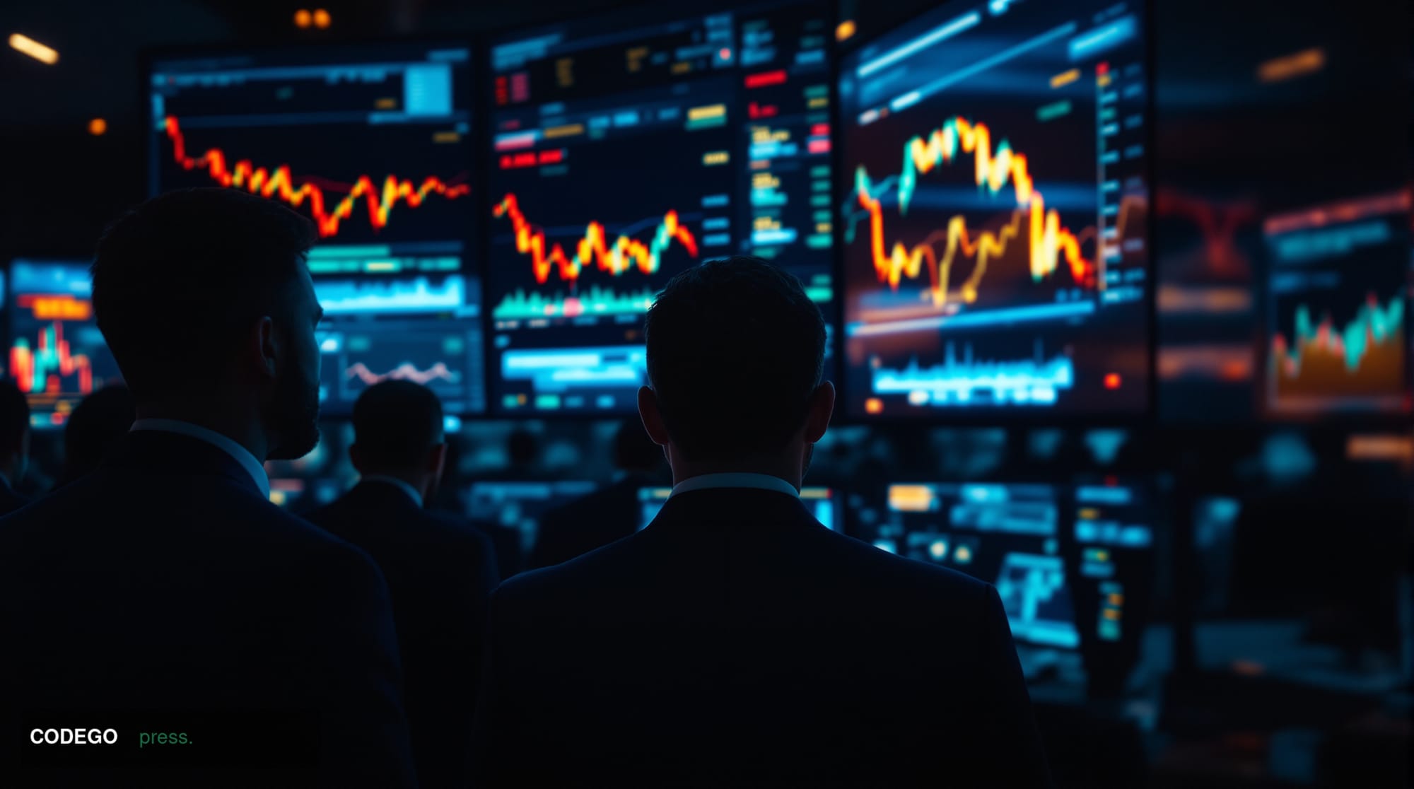 A photorealistic editorial photograph capturing the current Bitcoin ETF crisis through the lens of institutional trading floo