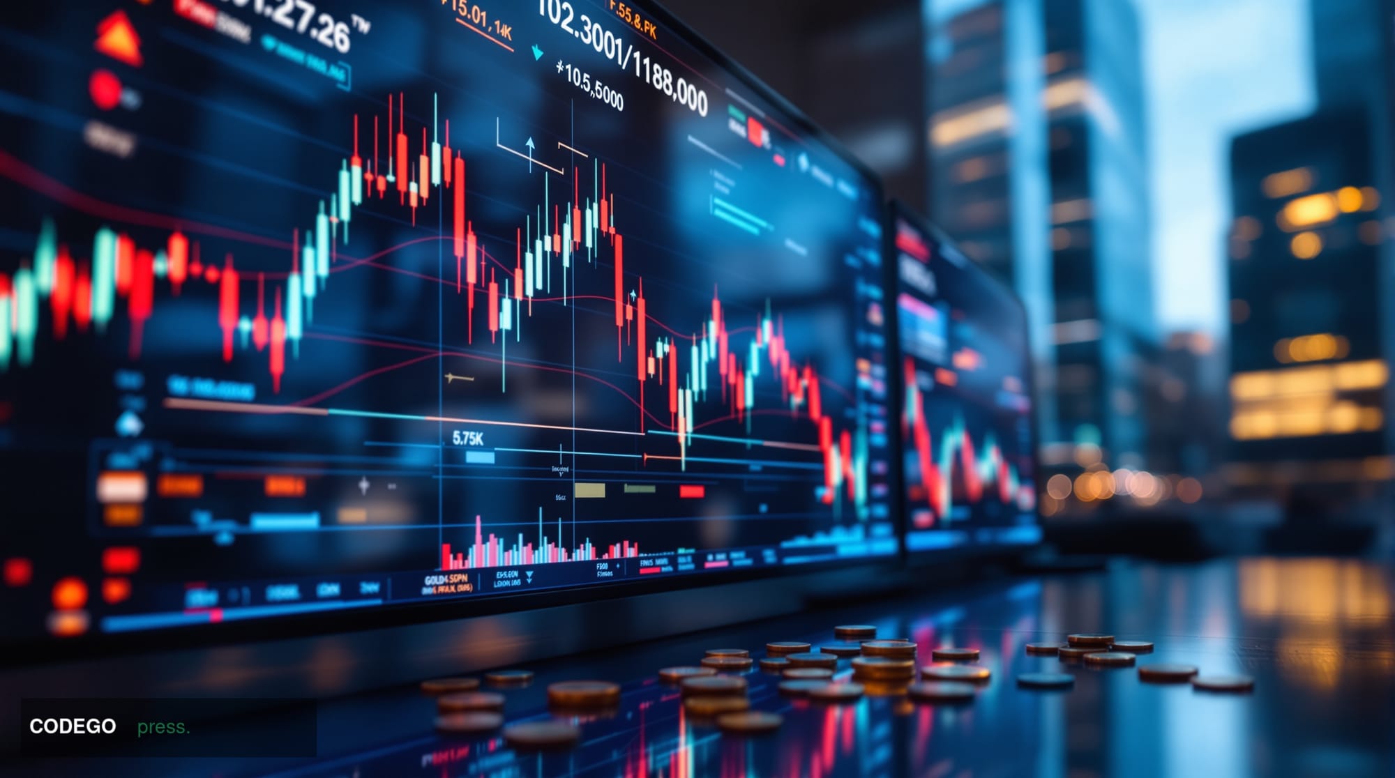 A dramatic editorial photograph capturing financial market turbulence through a split composition showing Bitcoin's struggle.