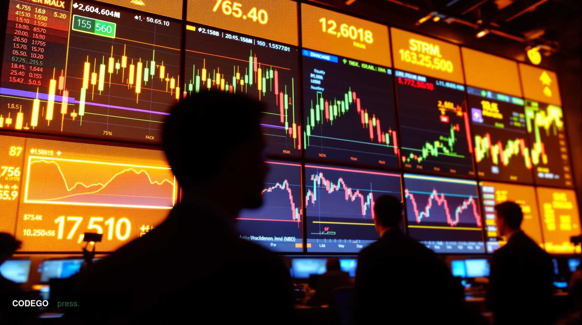 A dramatic financial market visualization captured in a modern trading floor environment, featuring multiple large LED screen