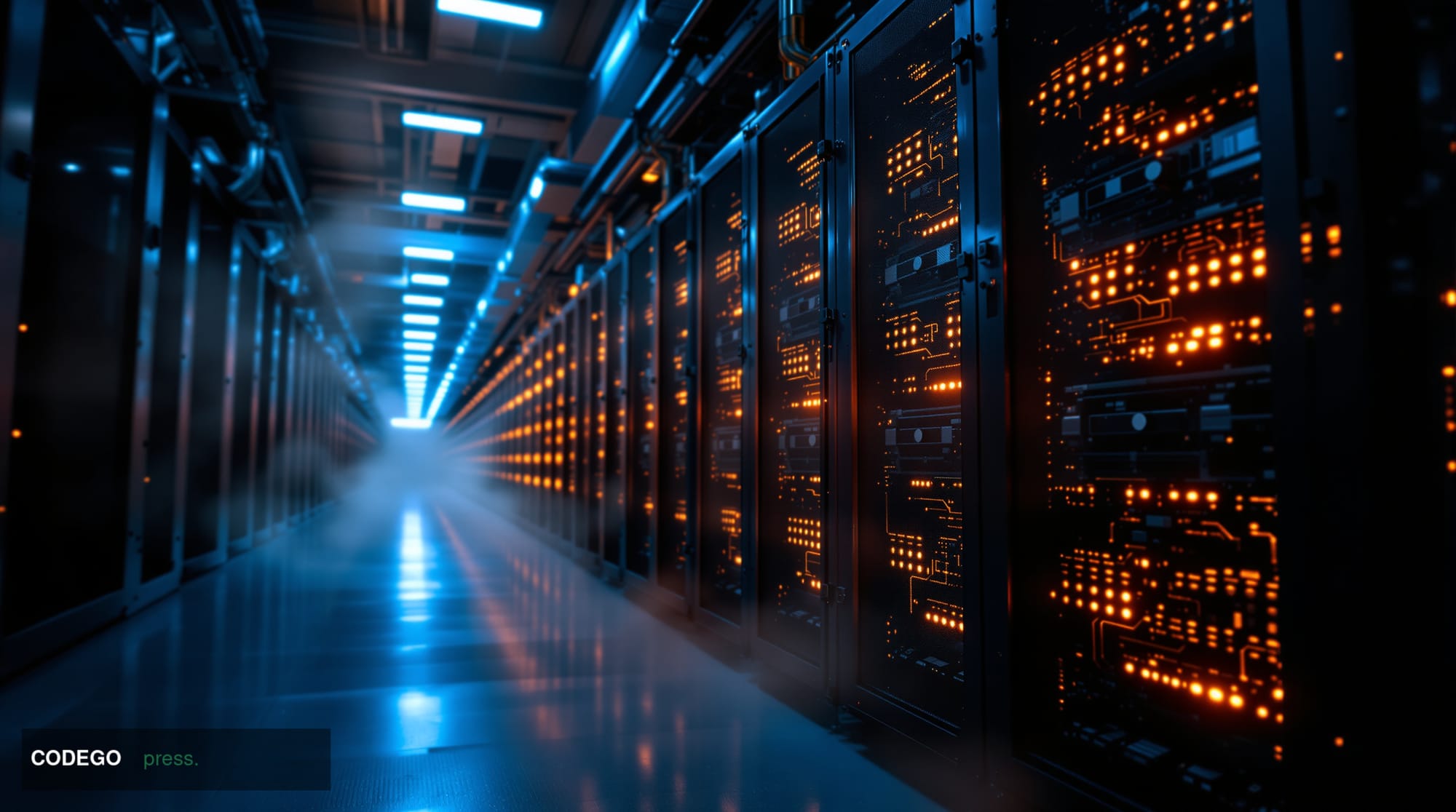 A cinematic editorial photograph of a massive Bitcoin mining facility during twilight hours, showing rows of ASIC mining rigs