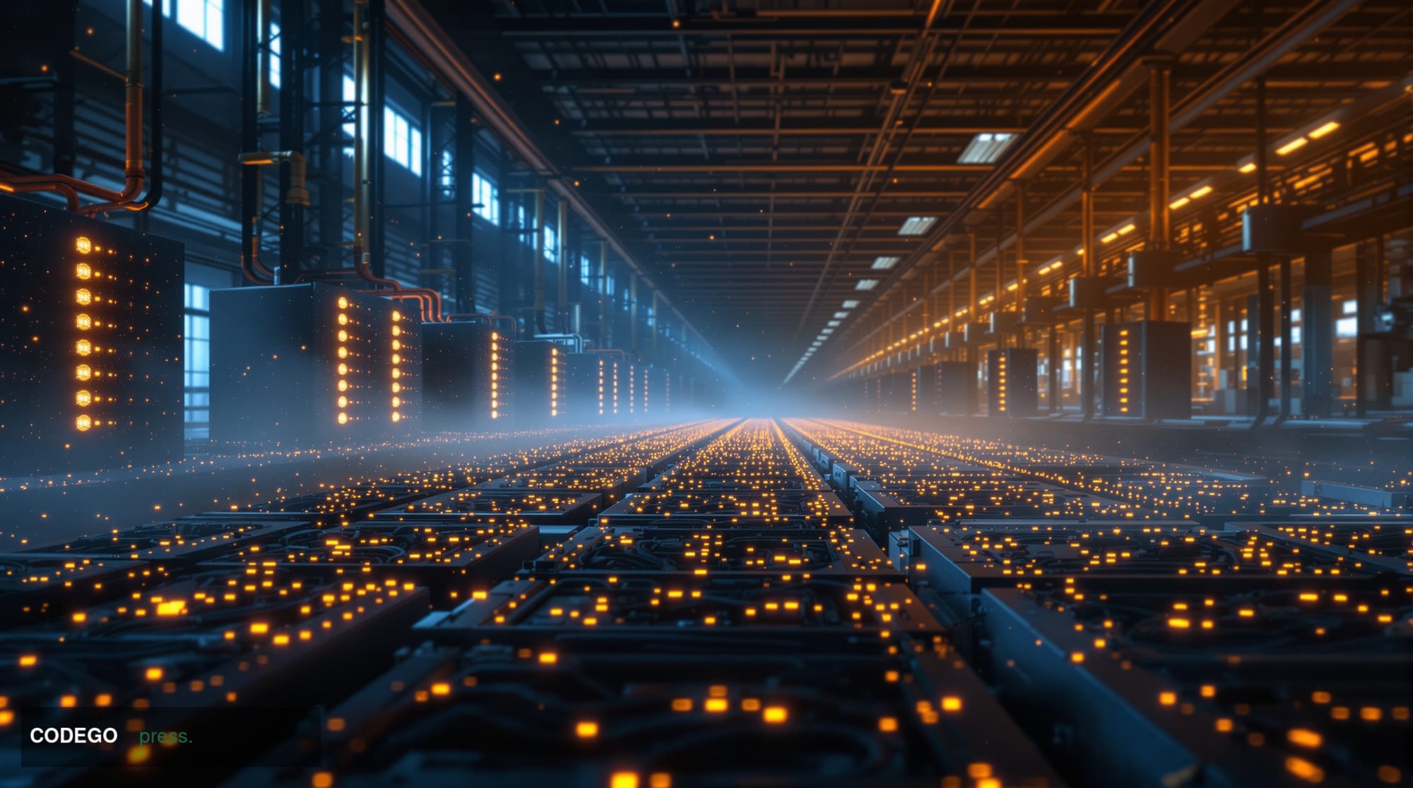 A dramatic photorealistic editorial photograph showing a large-scale Bitcoin mining facility in crisis. The scene captures ro