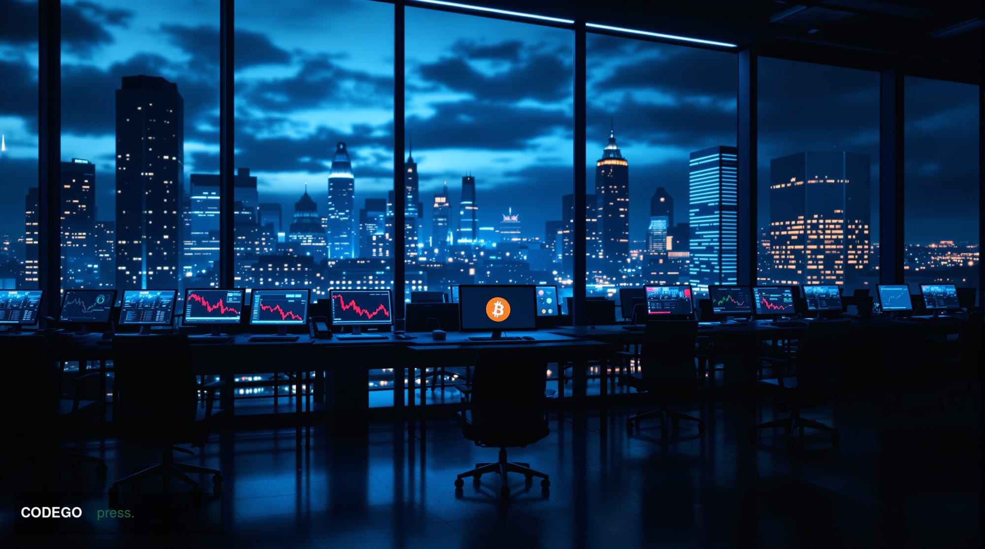 A dramatic cinematic photograph of an empty cryptocurrency trading floor or exchange office, shot from a low angle with drama