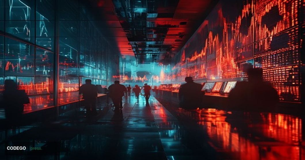 A dramatic photorealistic editorial photograph showing a modern cryptocurrency trading floor or financial district during mar