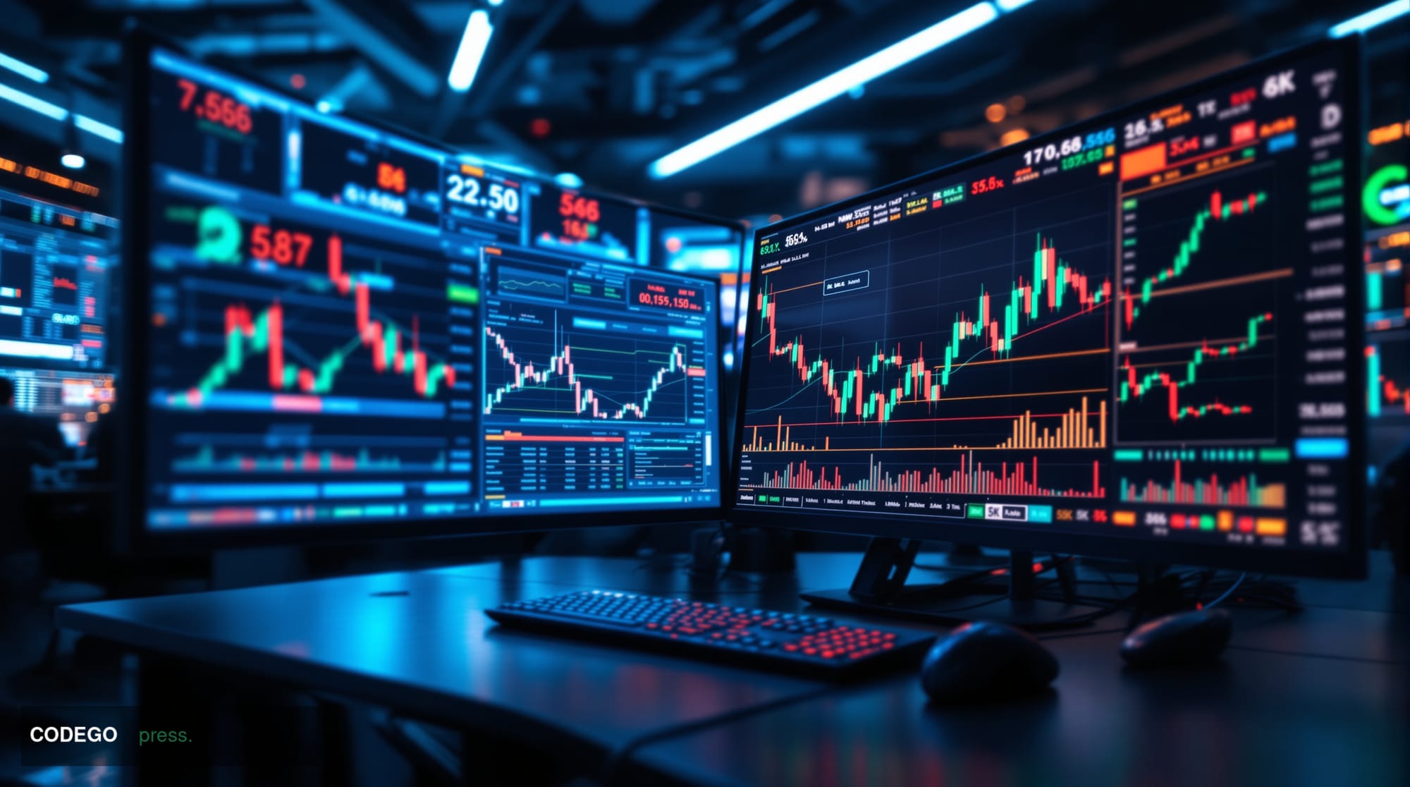 A photorealistic editorial photograph showing a sophisticated trading floor or financial analytics center with multiple large