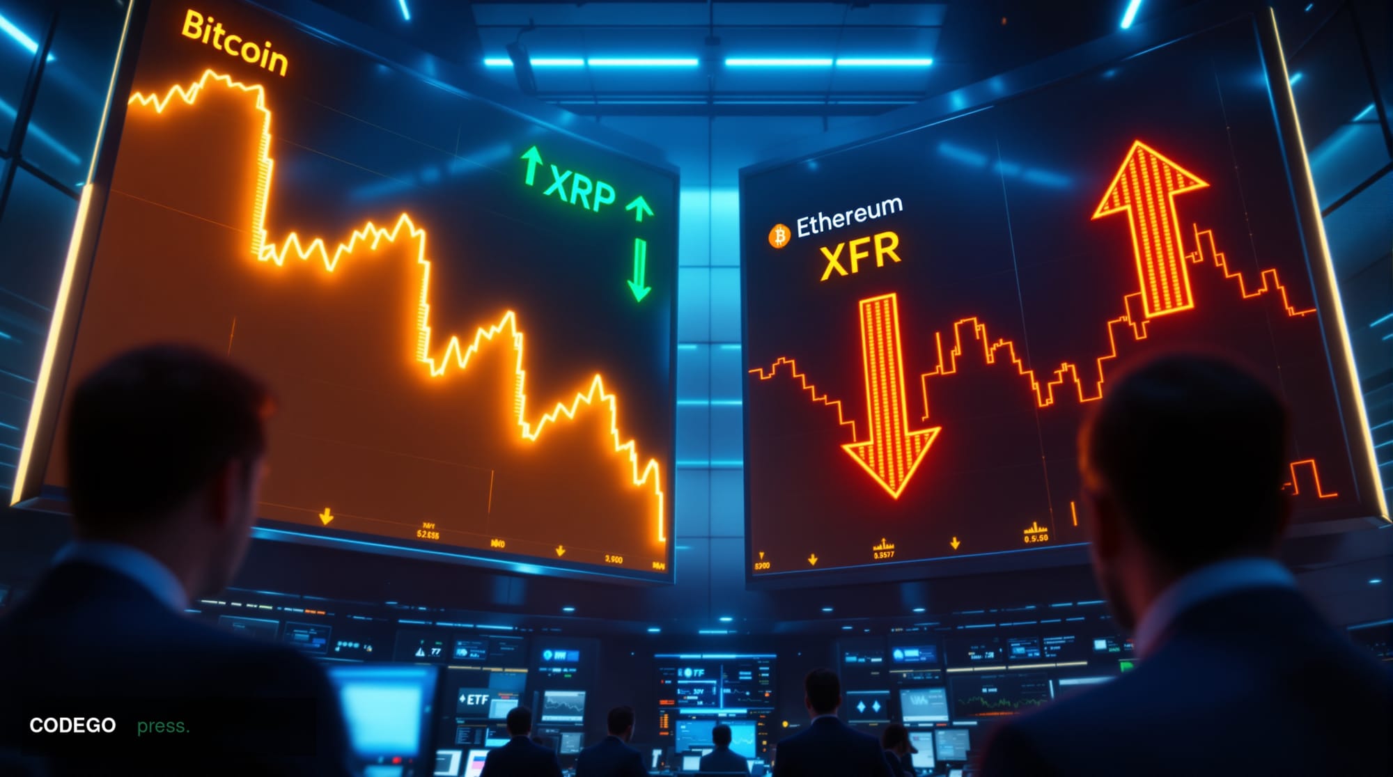 A dramatic financial trading floor scene captured in cinematic editorial style, featuring multiple large digital displays sho