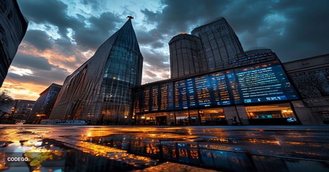 A photorealistic editorial photograph capturing the tension of European cryptocurrency regulation, featuring the modern glass