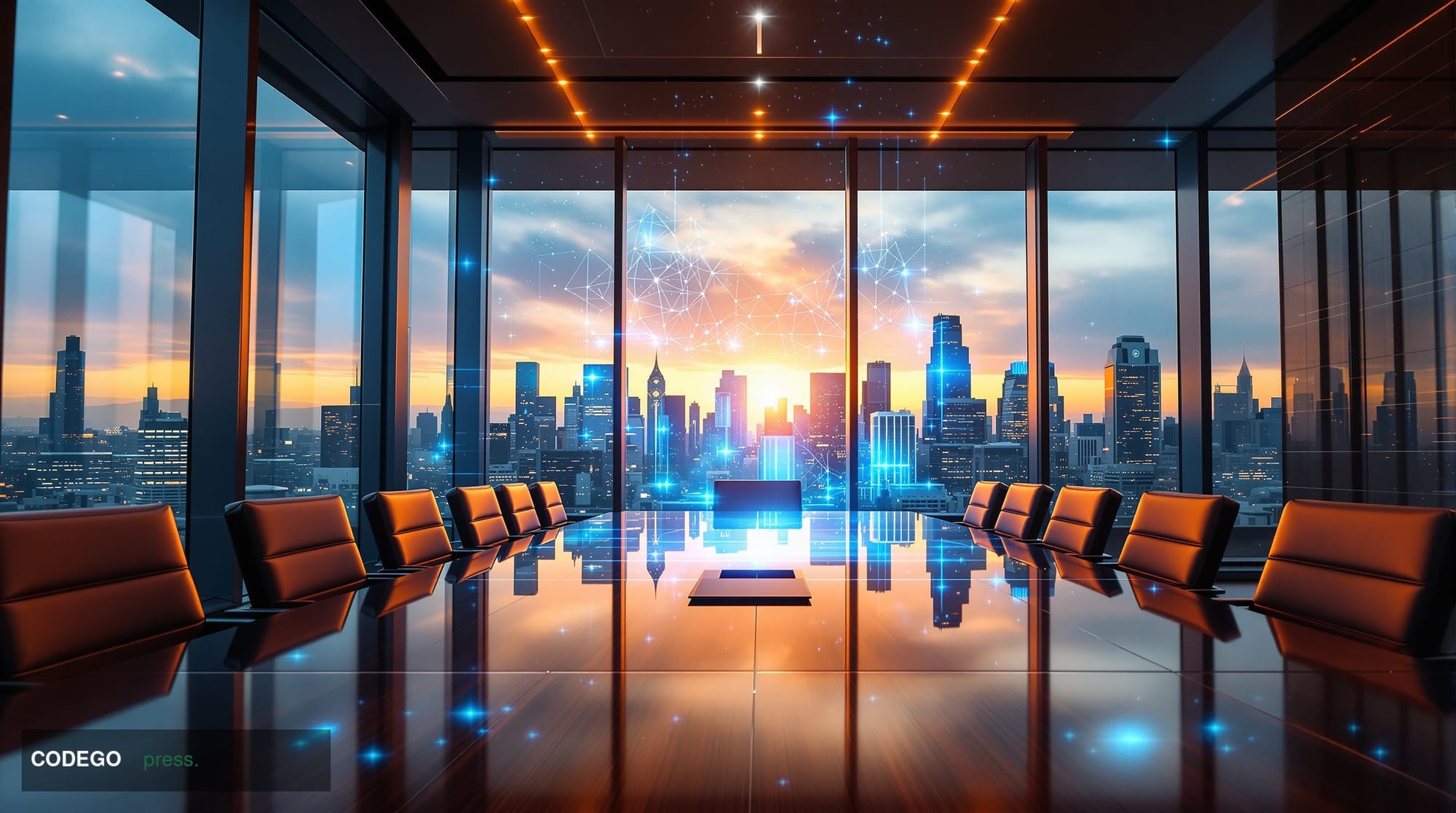 A cinematic editorial photograph showing a modern corporate boardroom with floor-to-ceiling windows overlooking a financial d