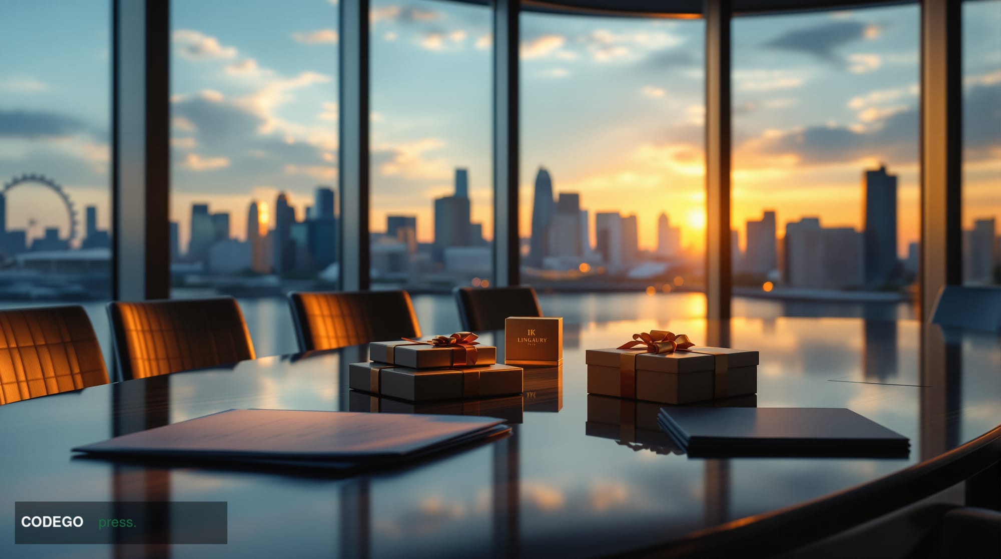 A sophisticated corporate boardroom scene in Singapore's financial district, featuring a sleek modern conference table with l