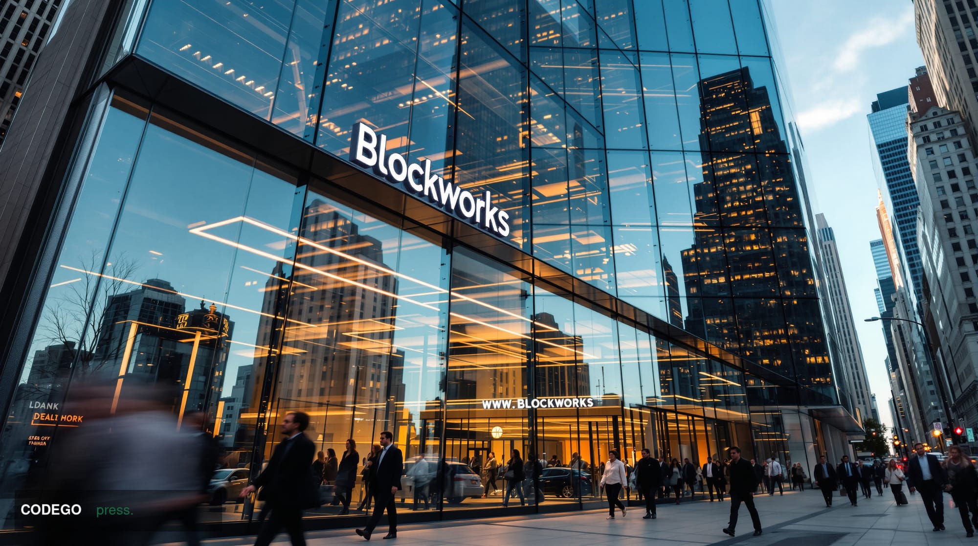 A dramatic wide-angle architectural photograph of a modern glass-walled corporate headquarters in New York's Financial Distri