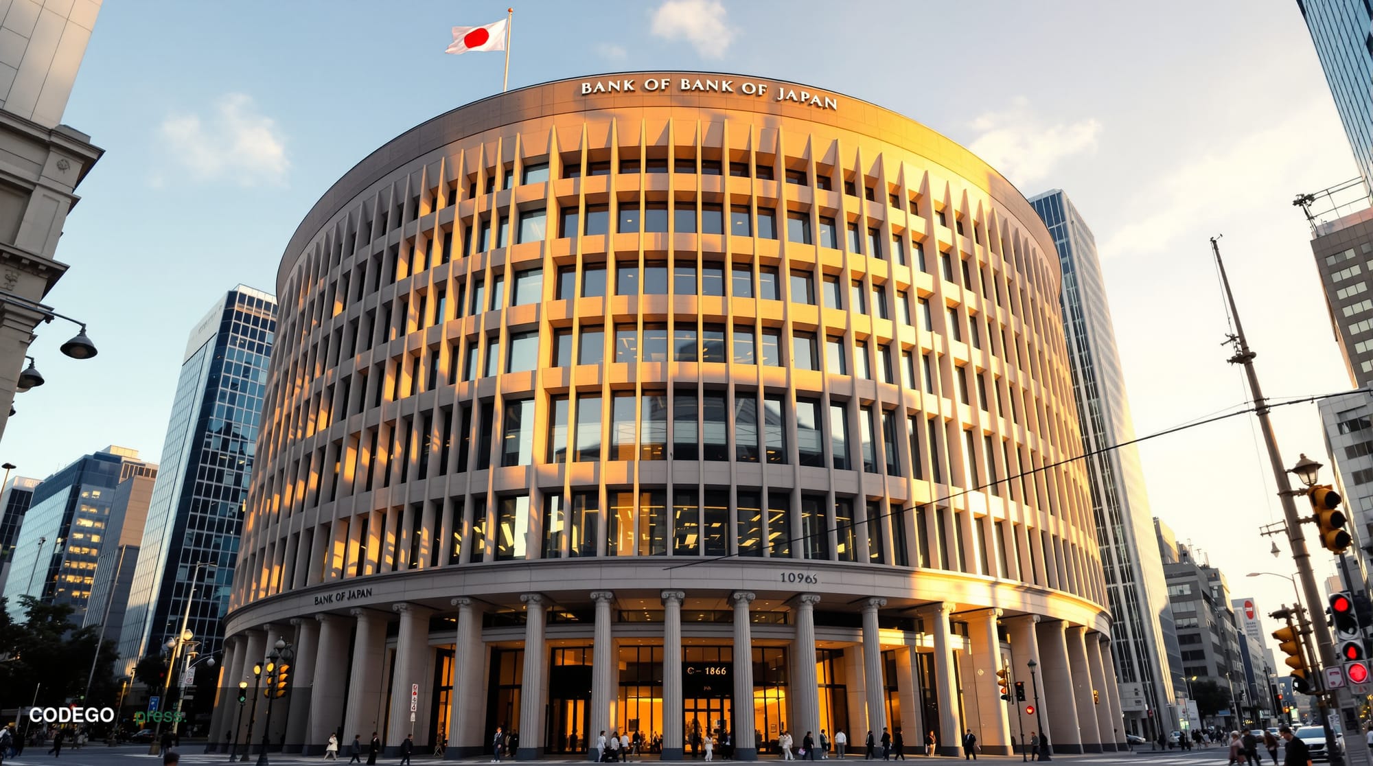 A cinematic editorial photograph capturing the imposing Bank of Japan headquarters in Tokyo's Nihonbashi district during gold