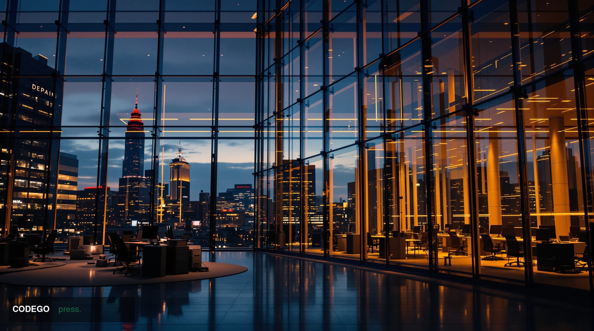 A cinematic editorial photograph showing a modern blockchain technology office building at dusk, with empty workstations visi