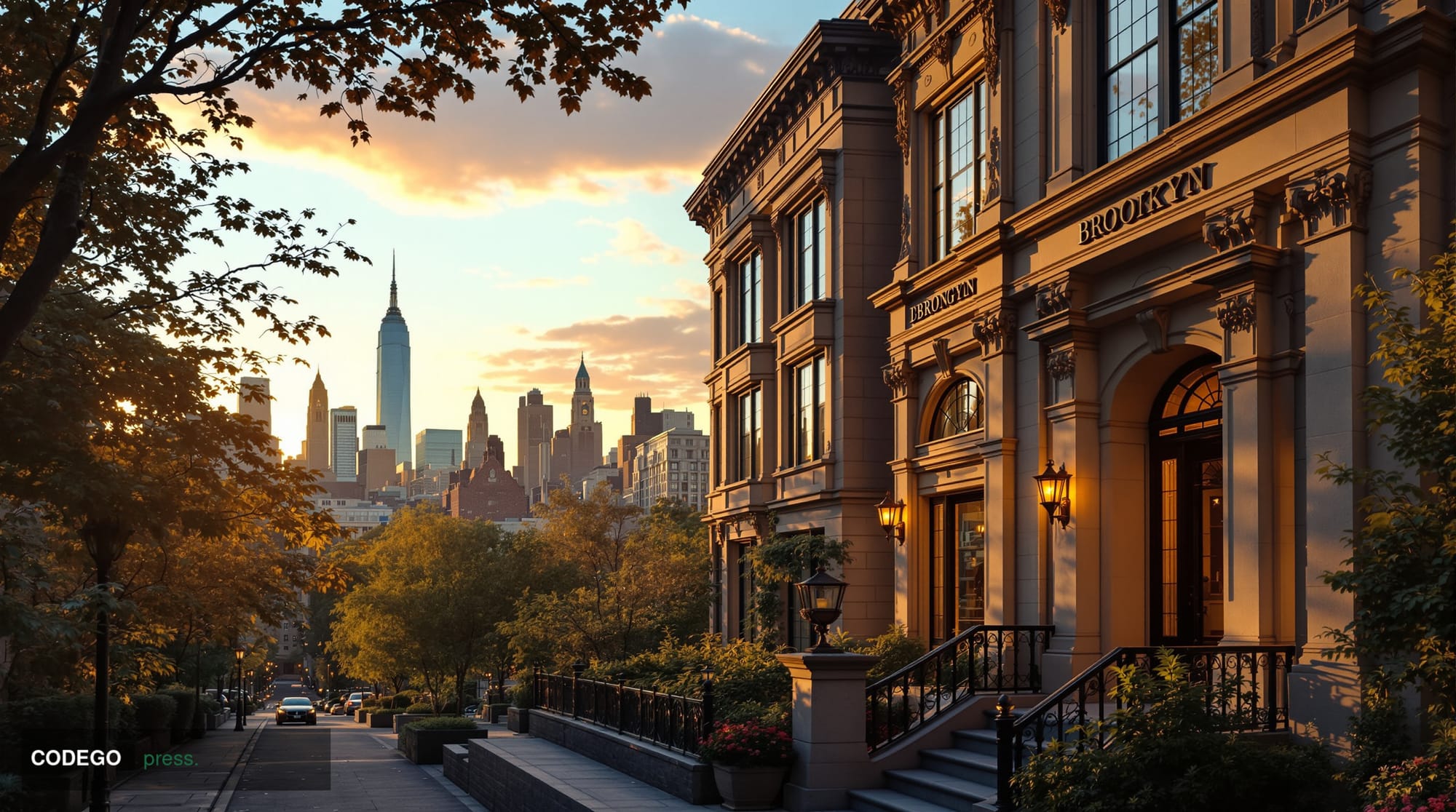 A cinematic editorial photograph capturing a luxurious Brooklyn brownstone or modern residential property with the iconic Man