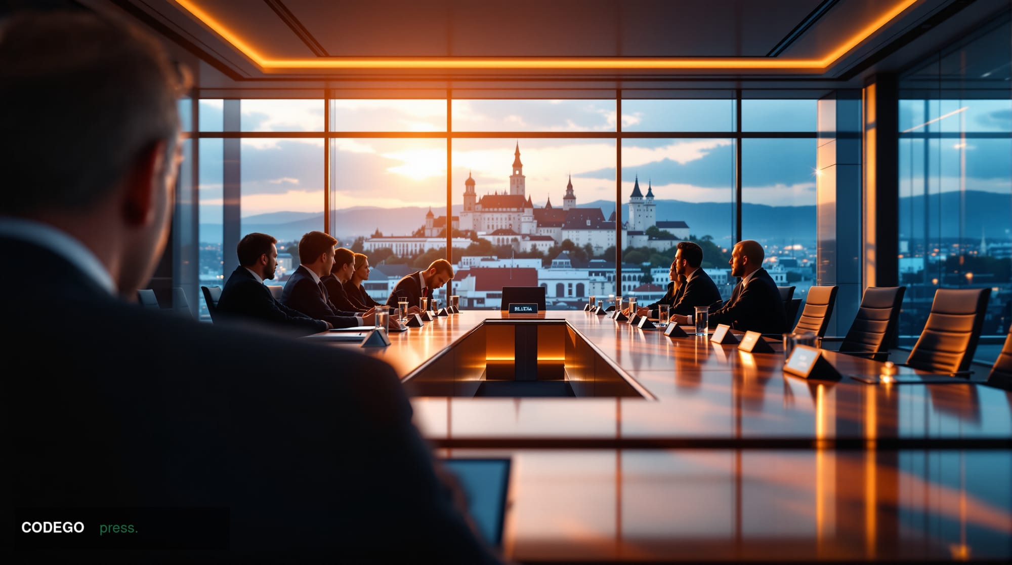 A sophisticated conference room in Ljubljana, Slovenia, featuring the modern architectural lines of the Bank of Slovenia head