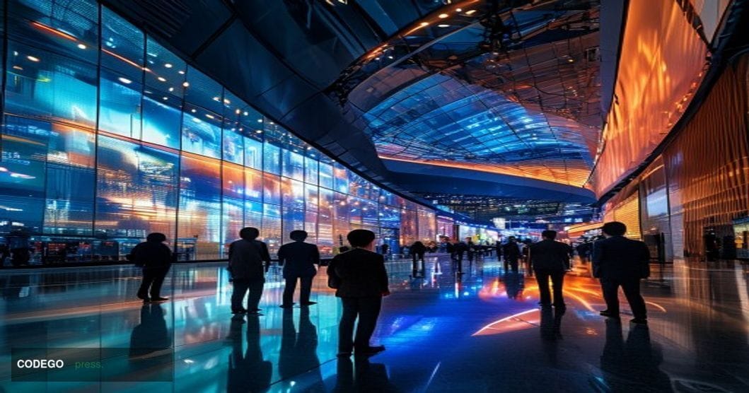 A photorealistic editorial photograph capturing the Computex 2026 technology exhibition in Taipei, Taiwan. The scene shows th