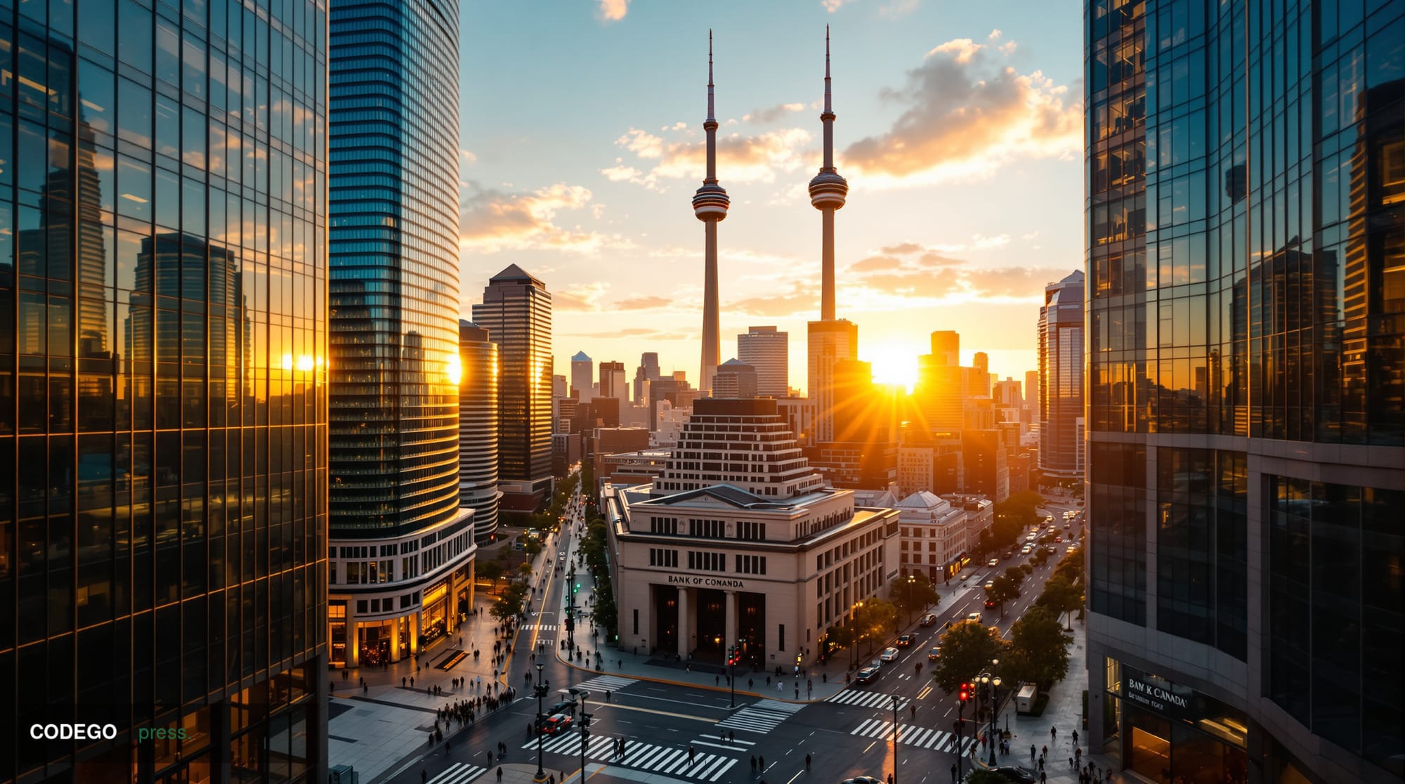 A dramatic overhead aerial view of downtown Toronto's financial district during golden hour, showcasing the iconic CN Tower a