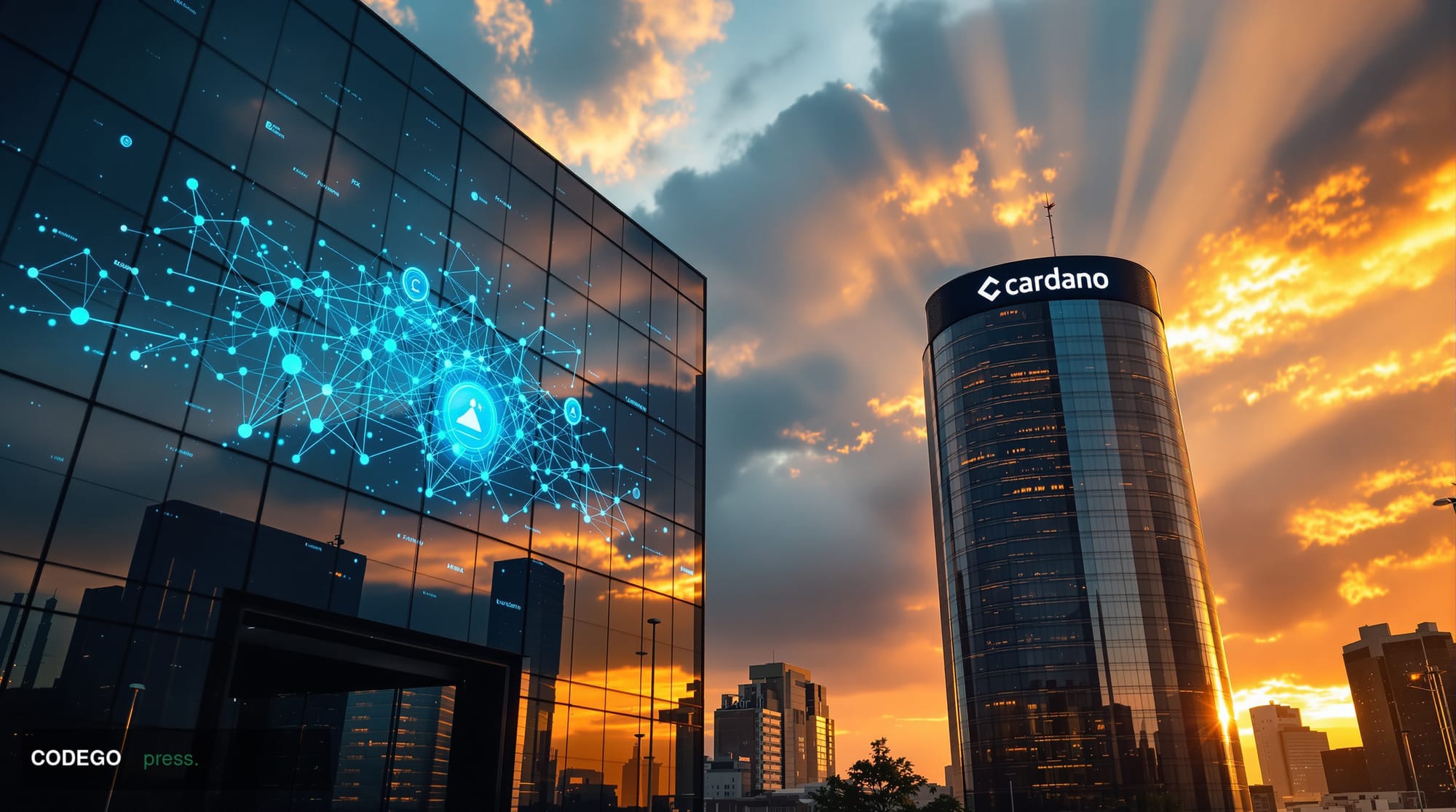 A cinematic editorial photograph showcasing Cardano's institutional infrastructure development amid market challenges. The sc