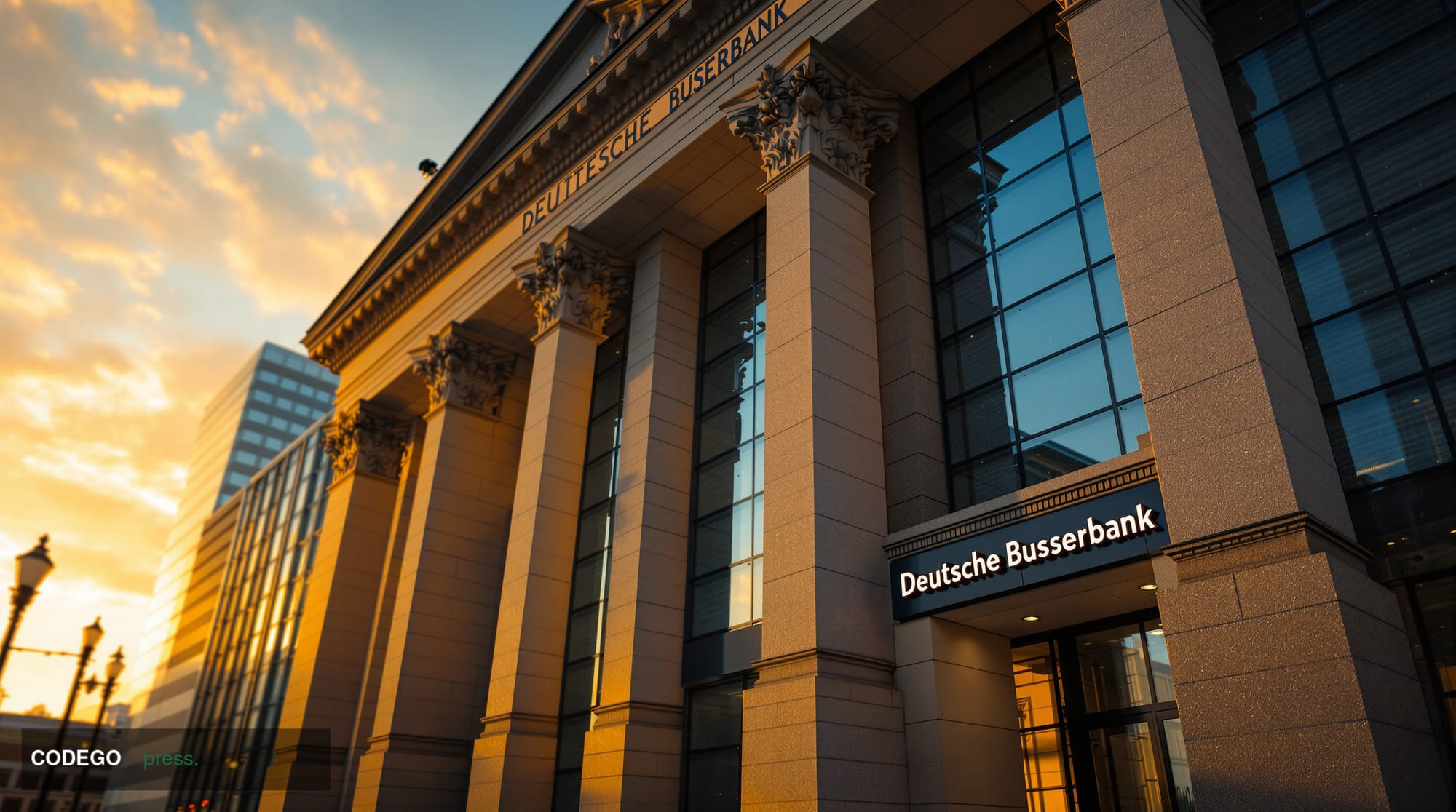 A cinematic editorial photograph capturing the imposing neoclassical facade of the Deutsche Bundesbank headquarters in Frankf