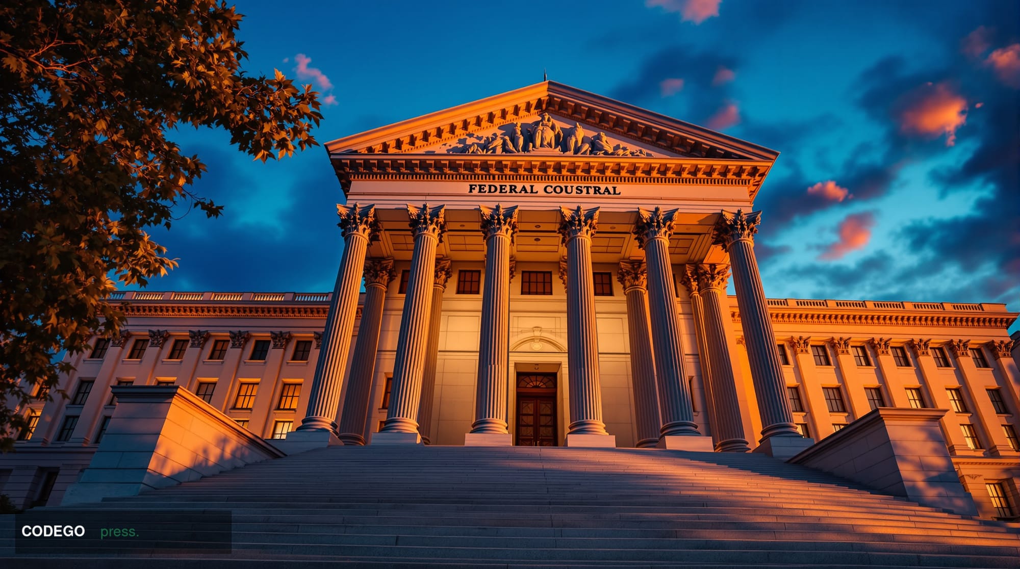 Photorealistic editorial photograph of the CFTC headquarters building in Washington D.C., shot during golden hour with dramat