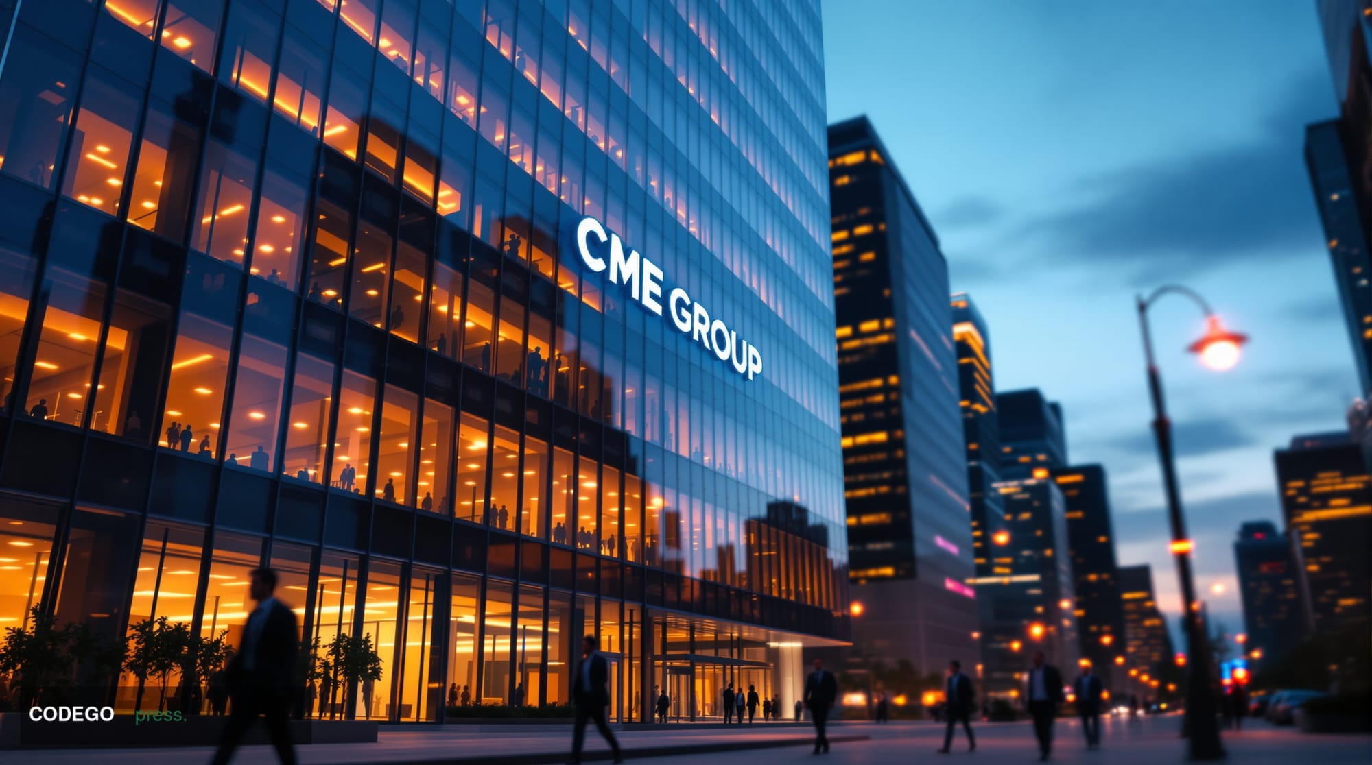 A dramatic photorealistic editorial photograph of the CME Group headquarters building in Chicago's financial district at dusk